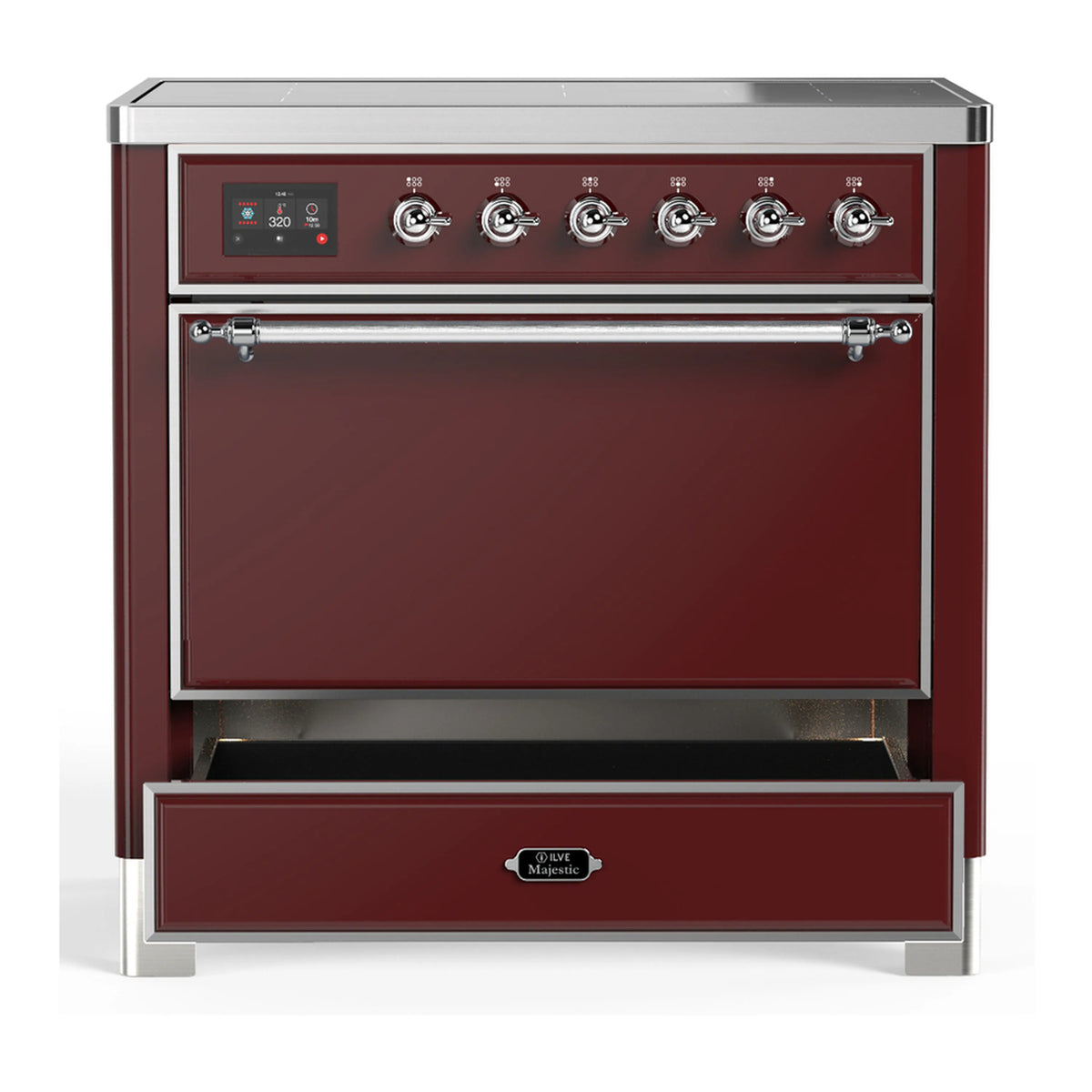 Burgundy induction range with chrome-trimmed solid oven door and storage drawer