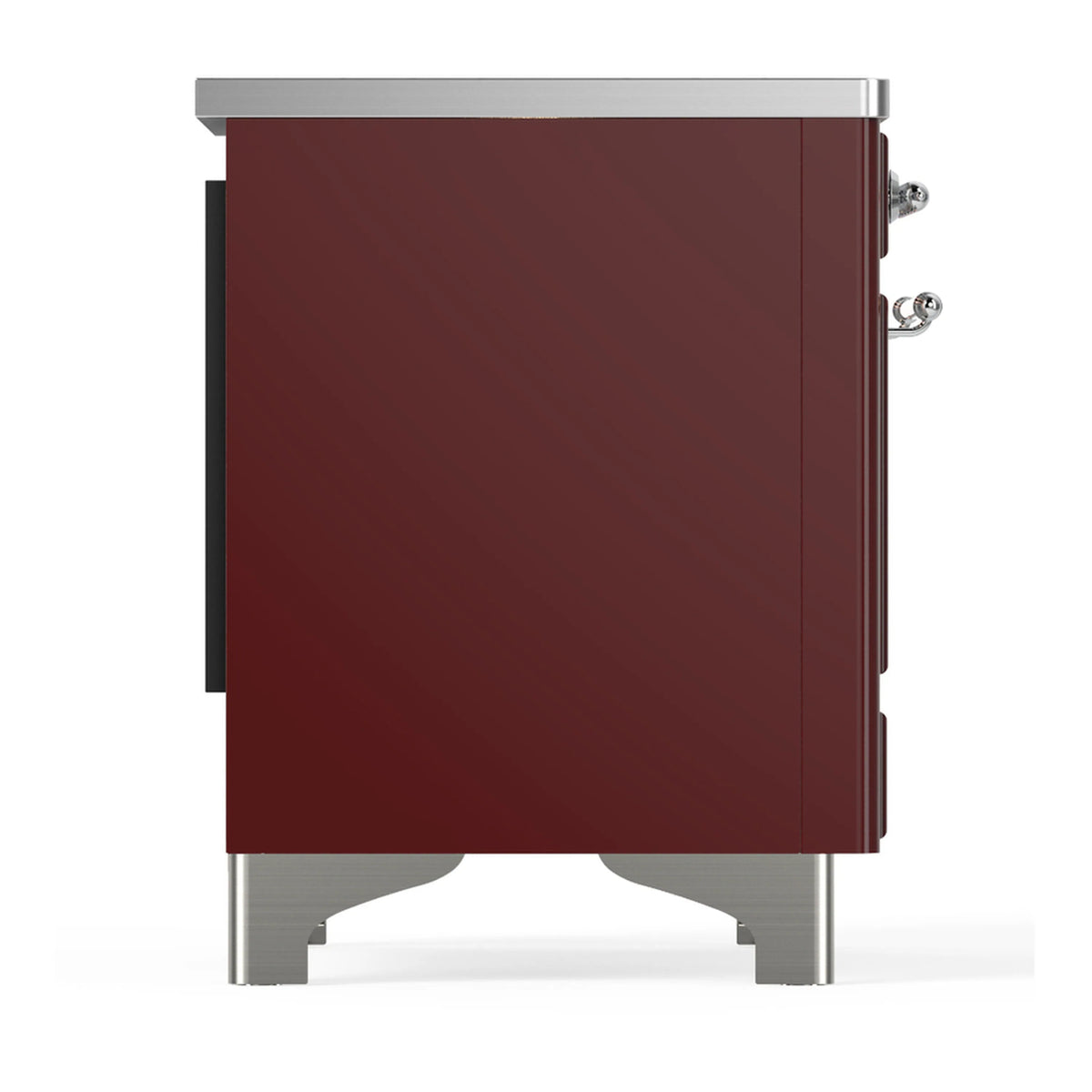 Side view of burgundy induction range with chrome trim and side handles
