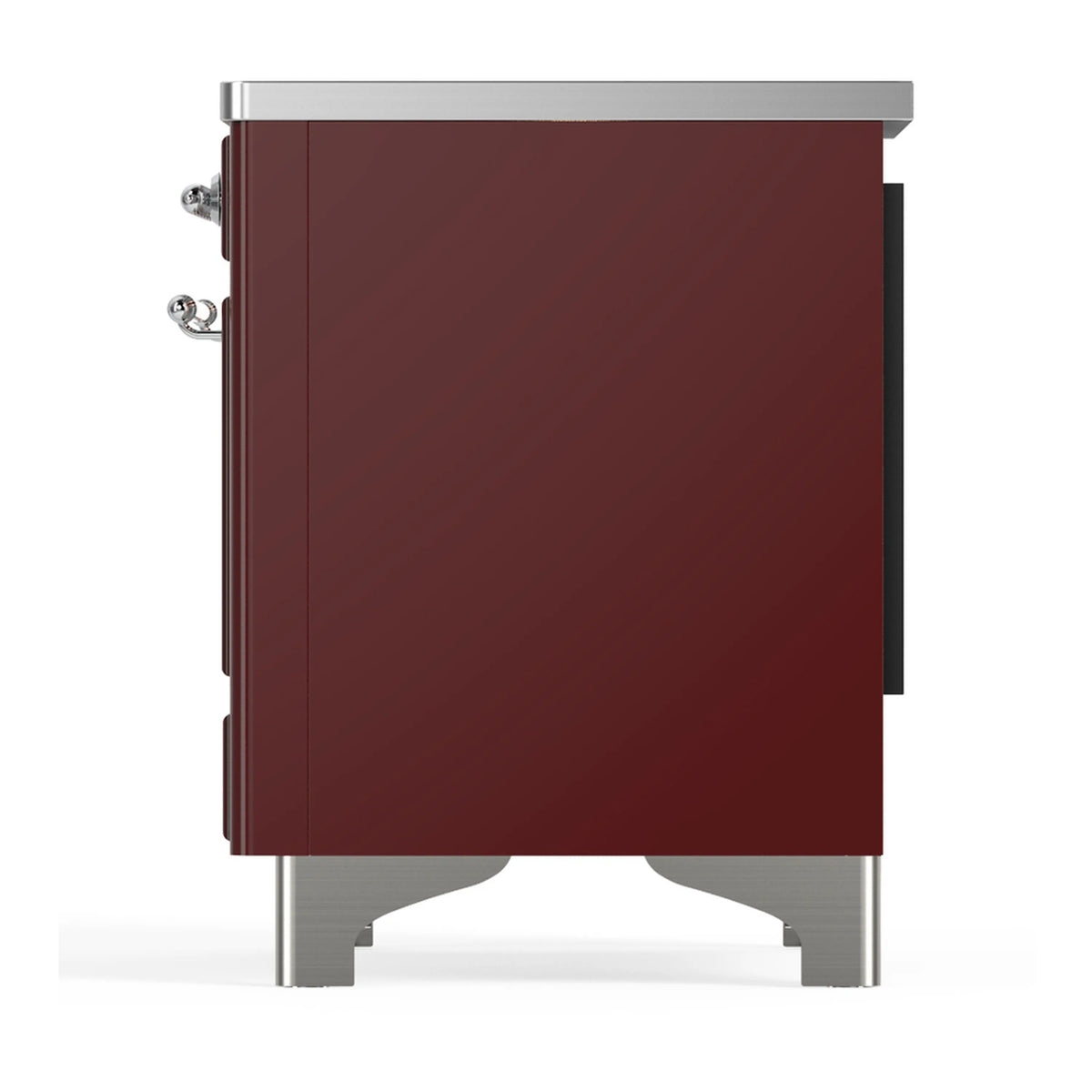 Side view of burgundy induction range with chrome trim and control area