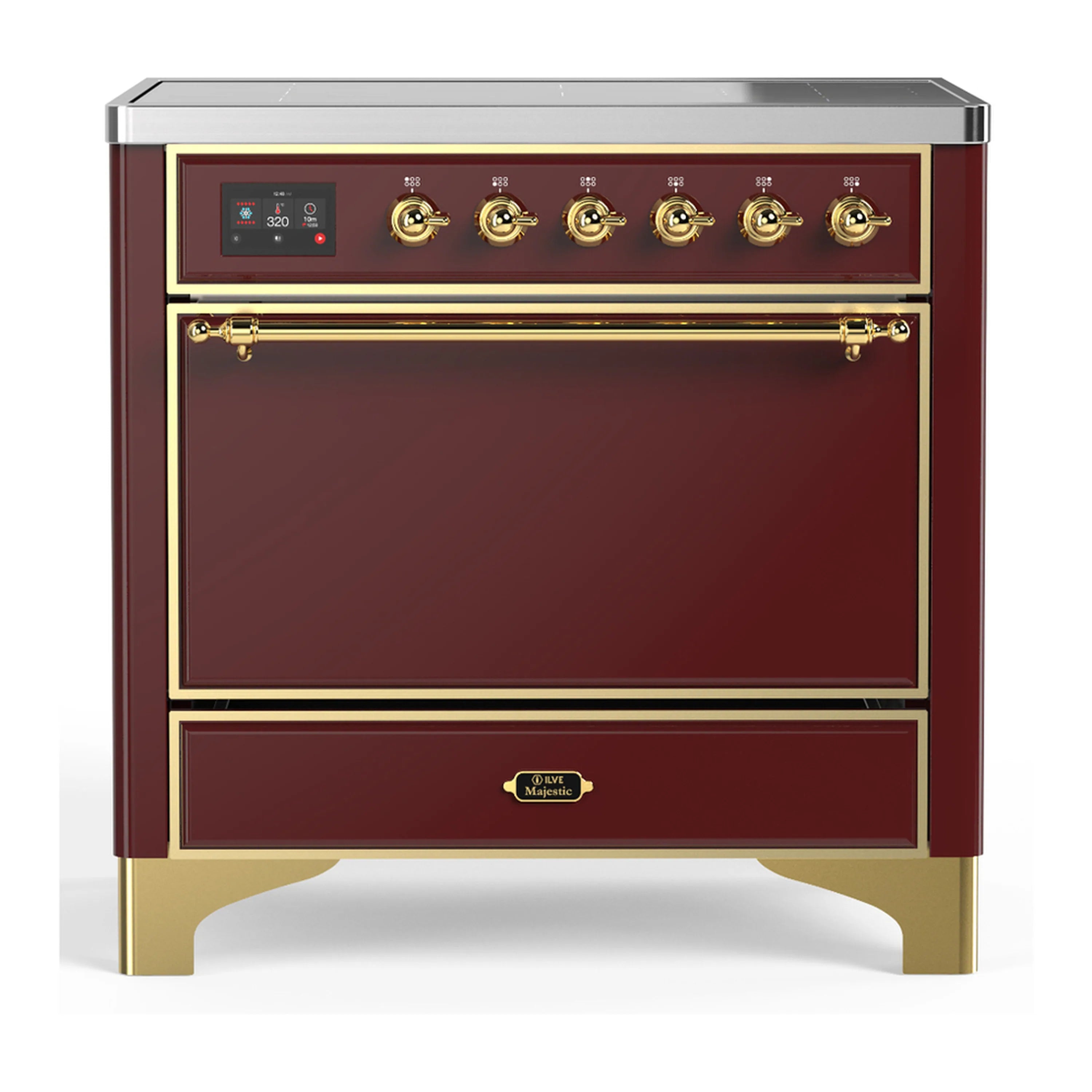 Burgundy induction range with brass trim, closed oven door and control panel with knobs