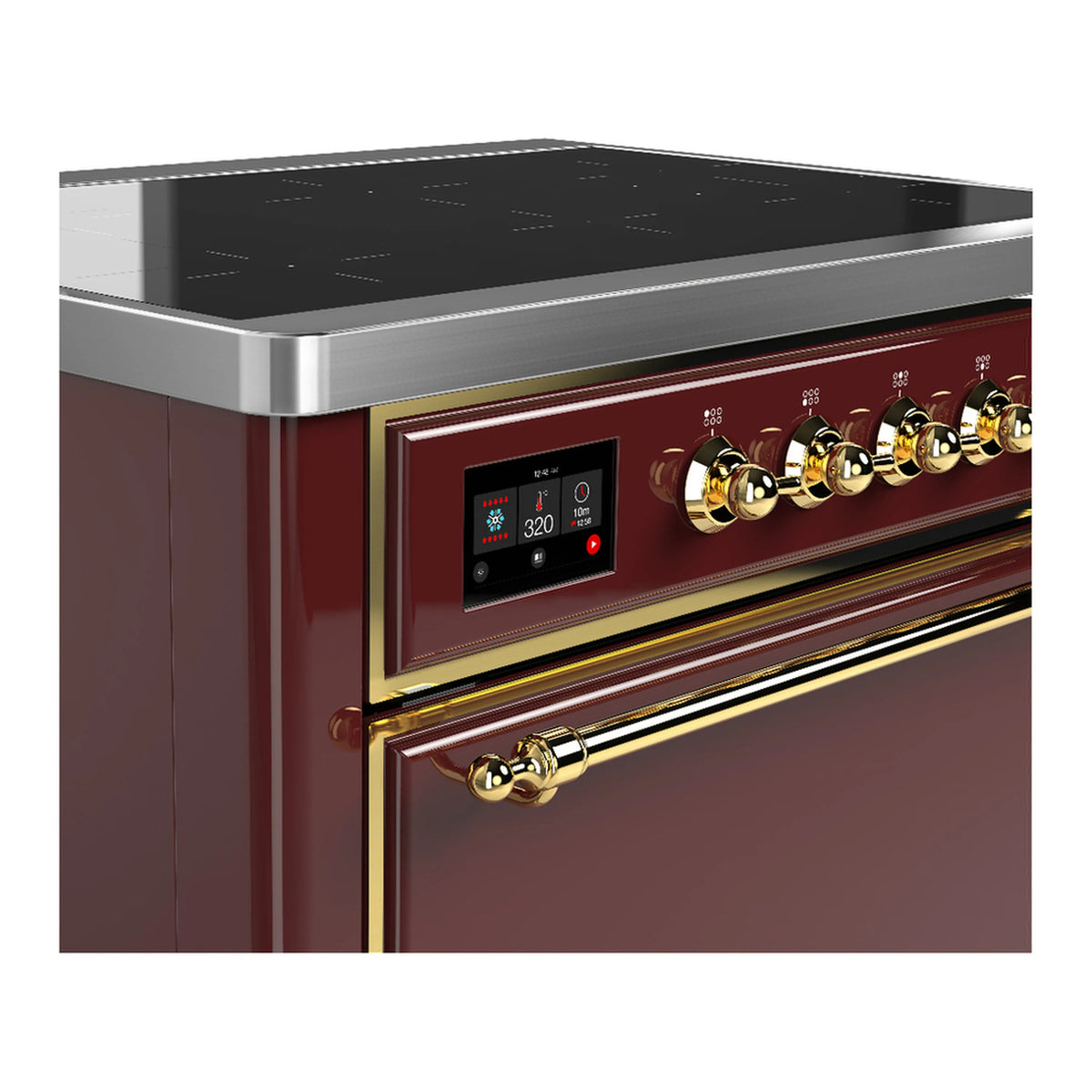 Burgundy induction range control panel with brass knobs and digital display