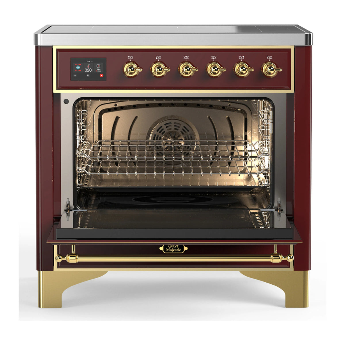 Burgundy electric oven door open, showing racks and interior with convection fan