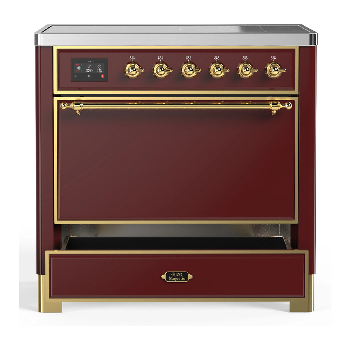 Burgundy induction range with brass-trimmed oven door and storage drawer, front view