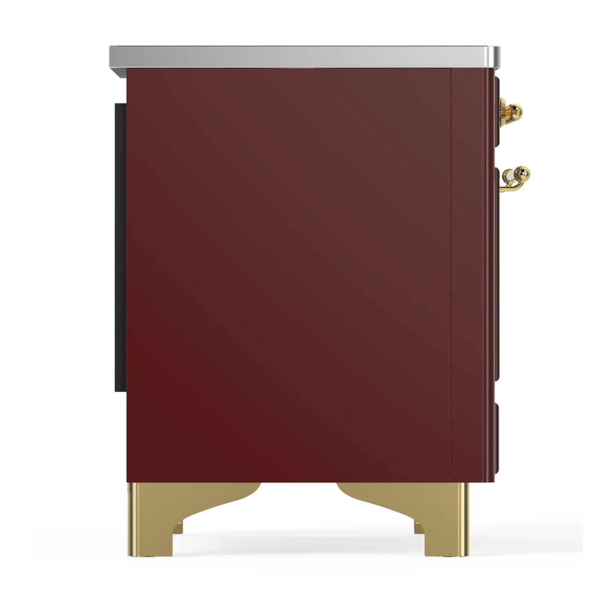 Burgundy side panel of induction range with brass handle and stainless trim