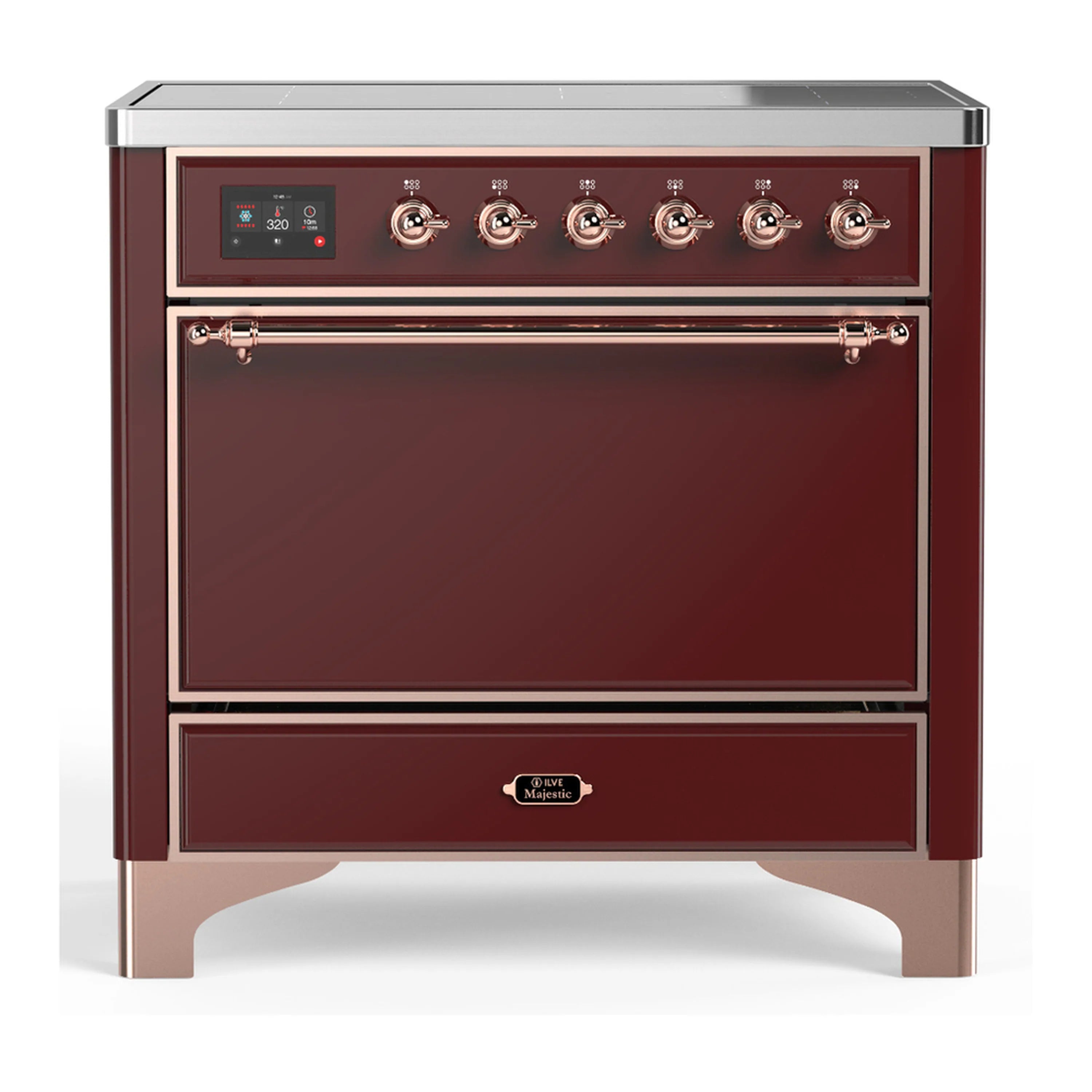 Burgundy electric range with solid oven door, copper trim, and control panel