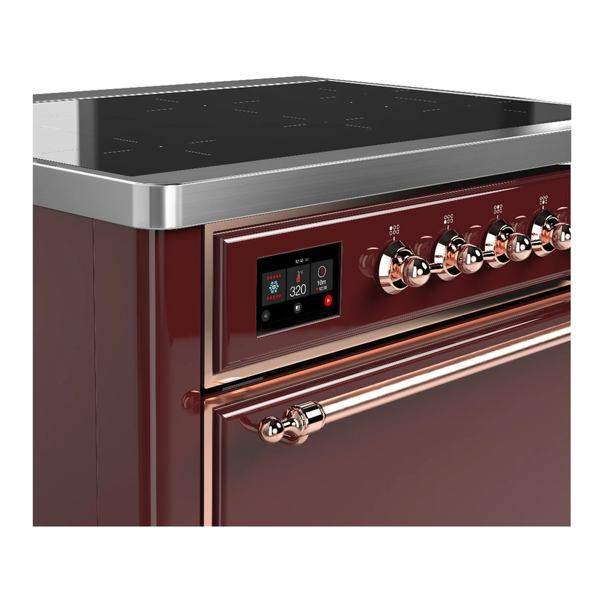 Burgundy induction cooktop controls with digital display and copper knobs on range