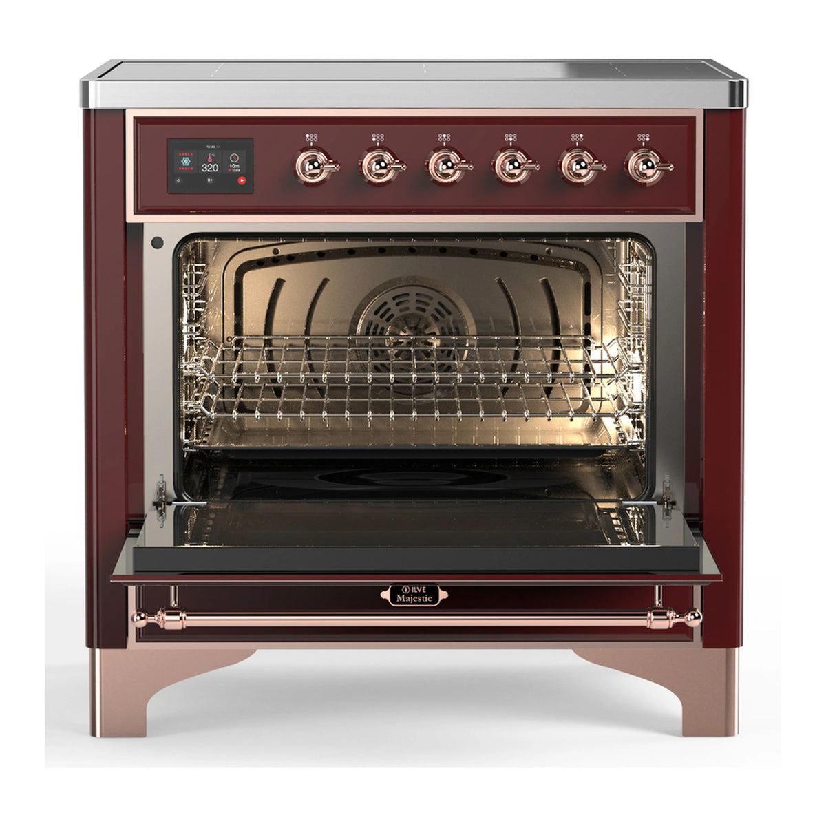 Open oven cavity with racks and light inside burgundy range with copper trim