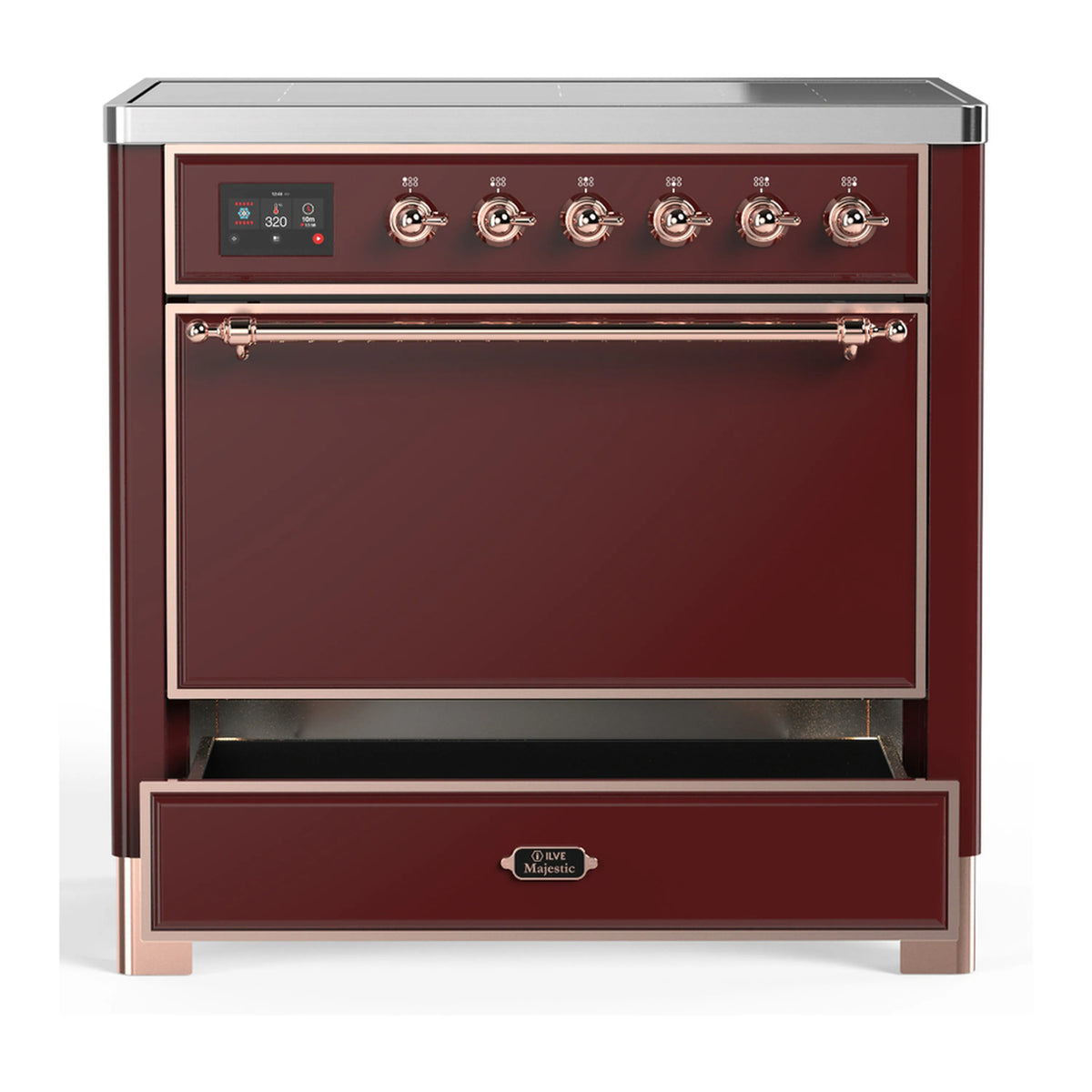 Burgundy electric range with solid oven door, drawer, copper trim, and control panel