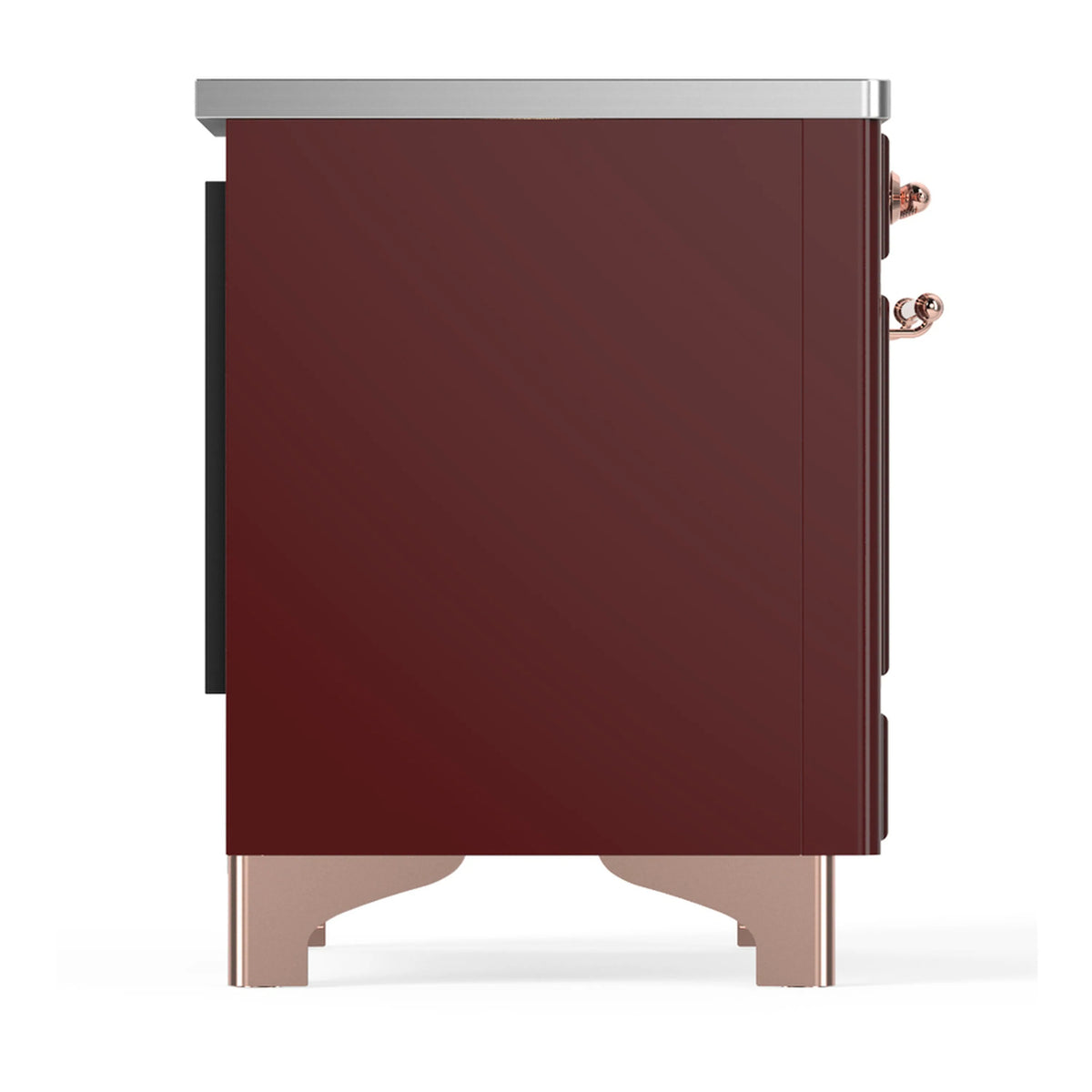 Burgundy side panel of electric range with copper handle accents and stainless top