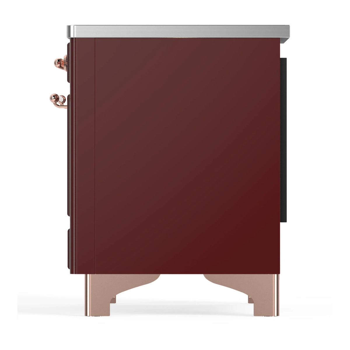 Burgundy rear side of electric range with copper trim, stainless top, and side handles