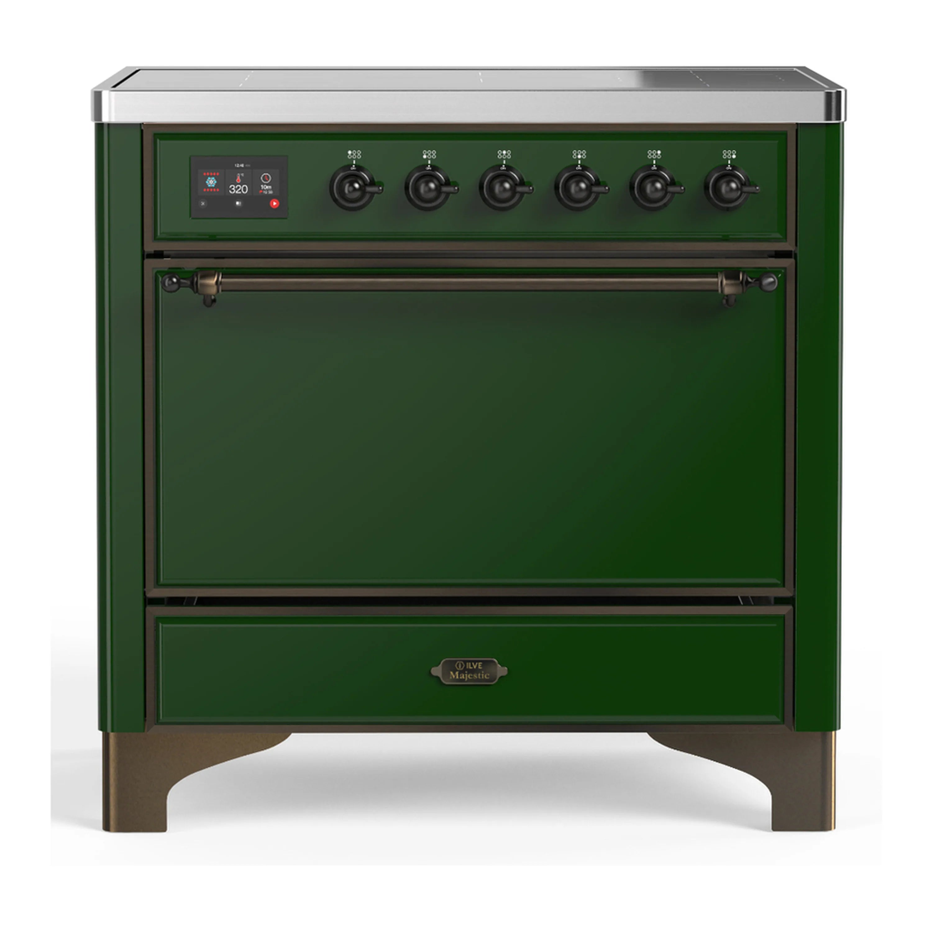 Emerald green electric induction range with solid door and six burner control knobs