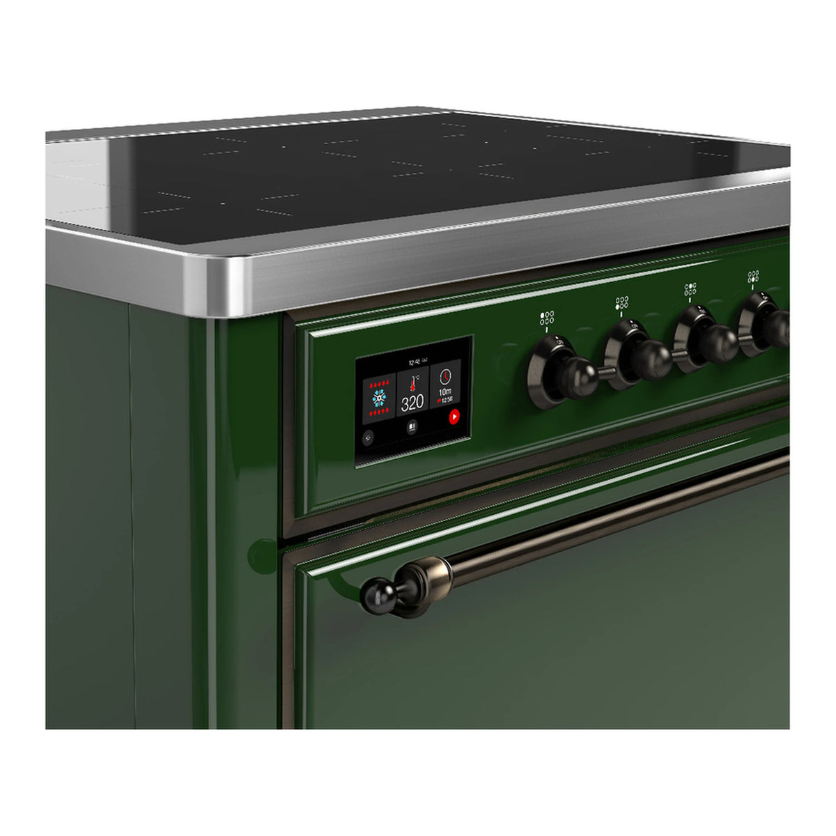 Emerald green induction range side view with control display and burner knob row