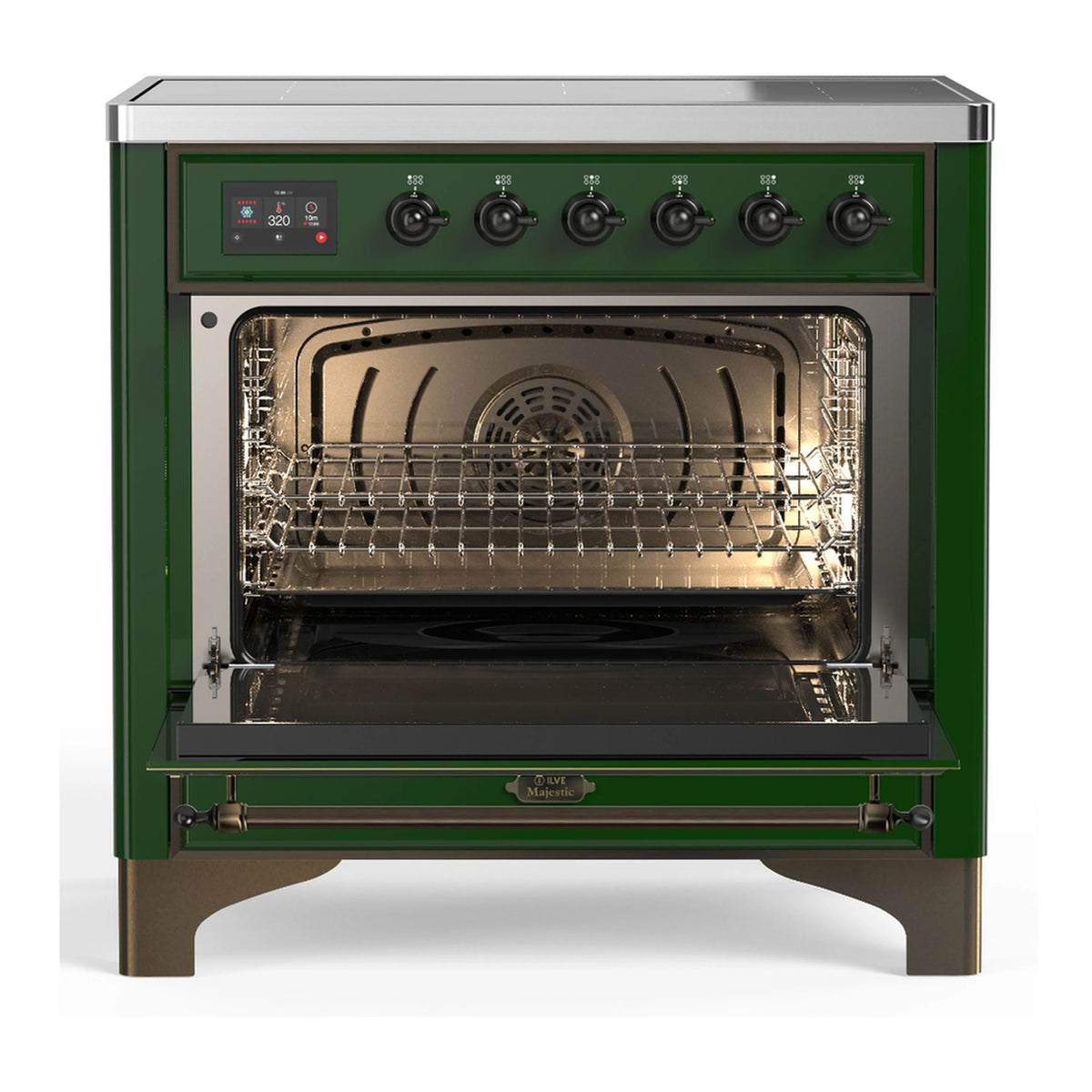 Emerald green induction range with oven door open showing wire racks inside
