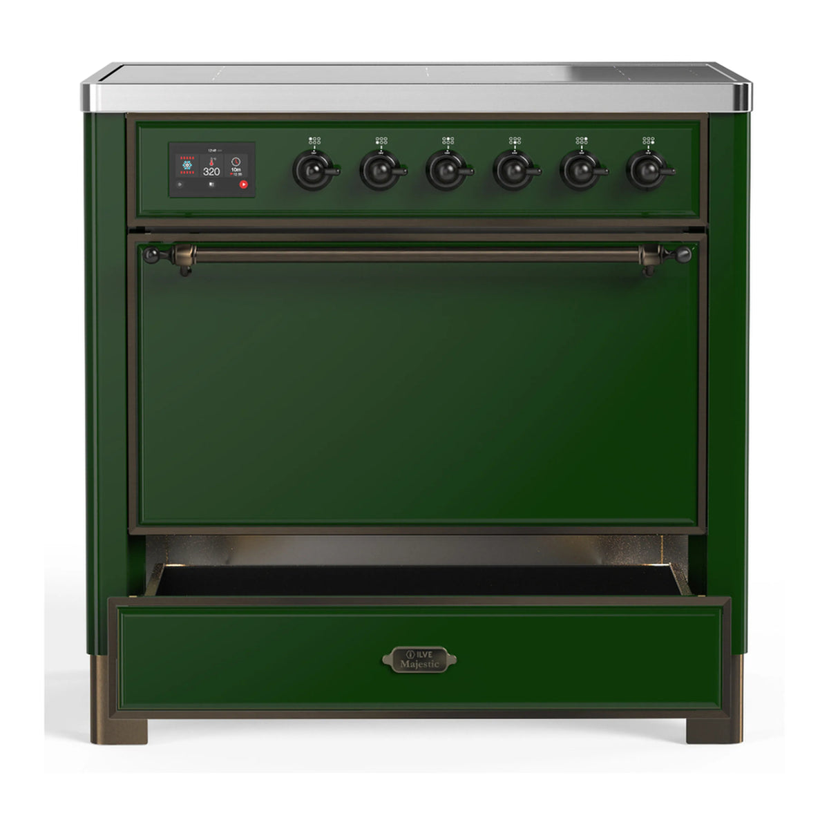 Emerald green induction range front view with oven and storage drawer doors