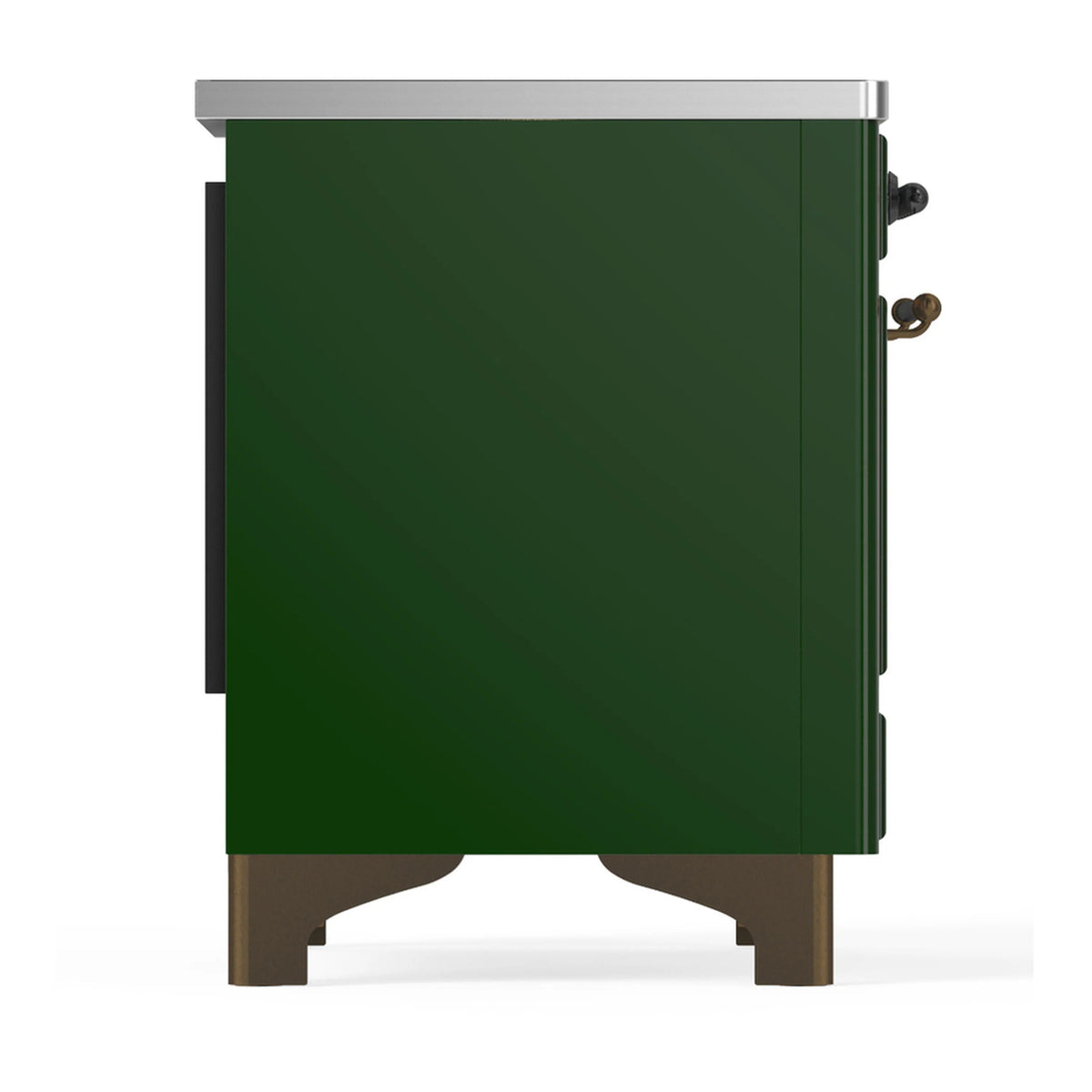 Emerald green induction range cabinet side view with black handle details