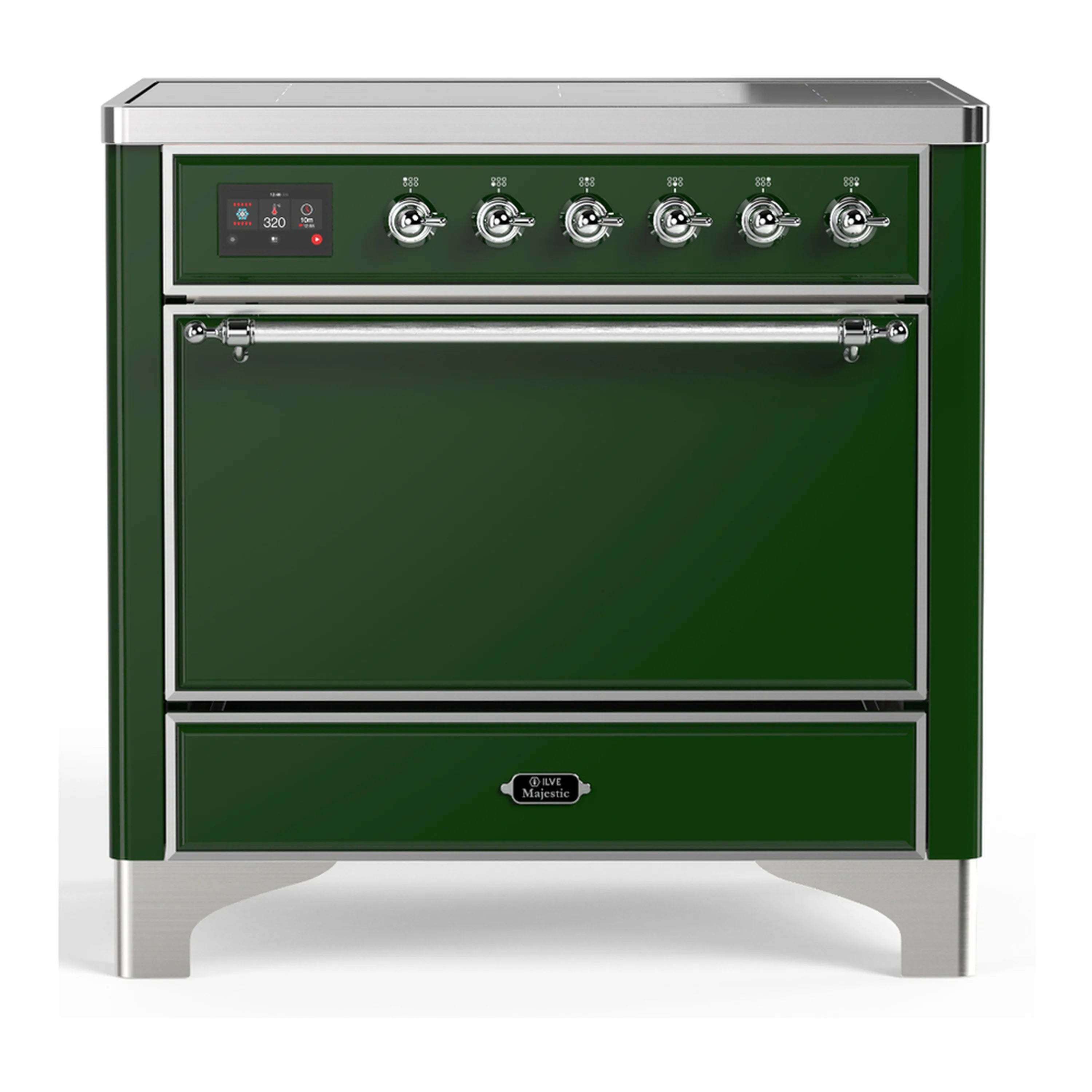 Emerald green electric range with chrome trim, control panel, and solid oven door