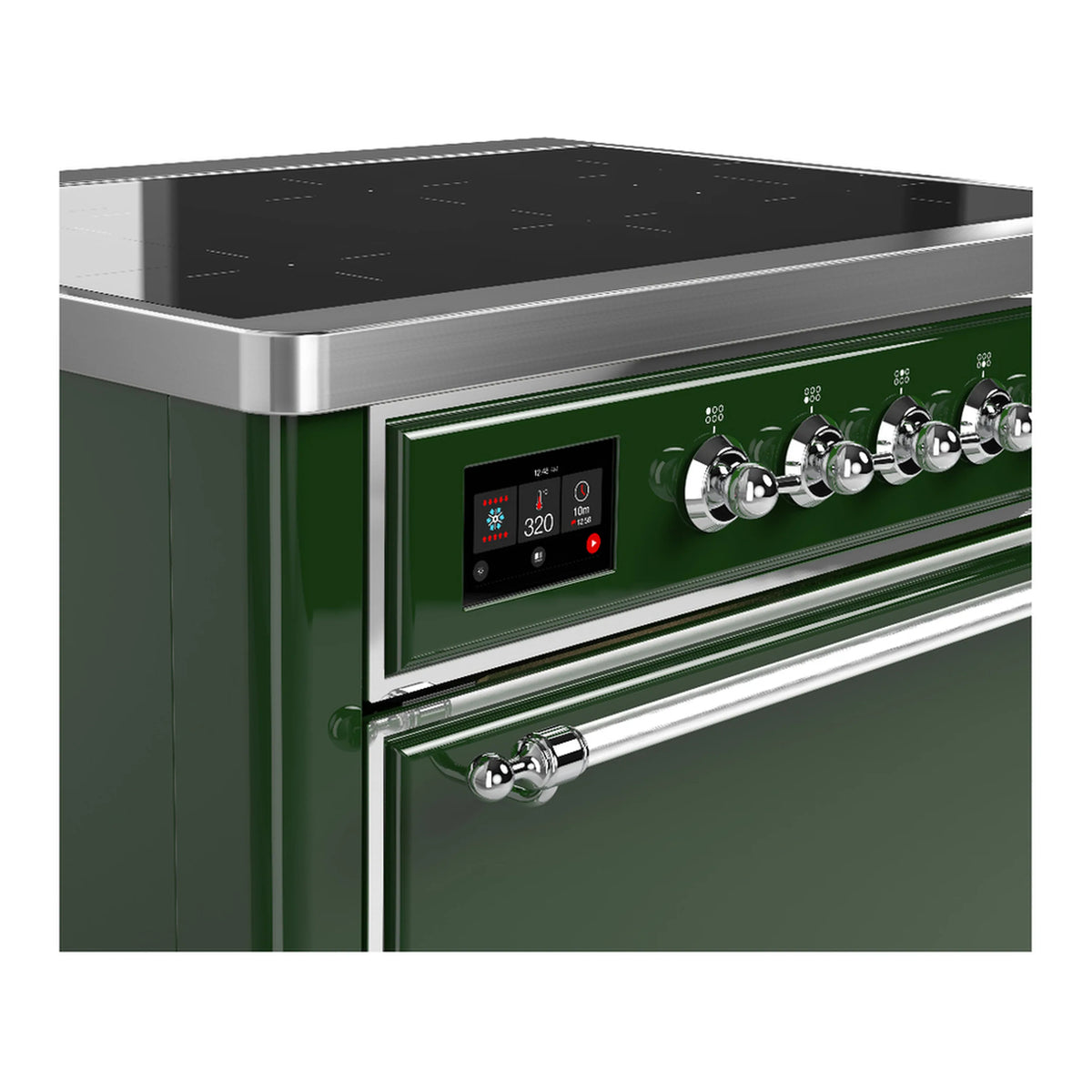 Emerald green range side with control display and chrome knobs