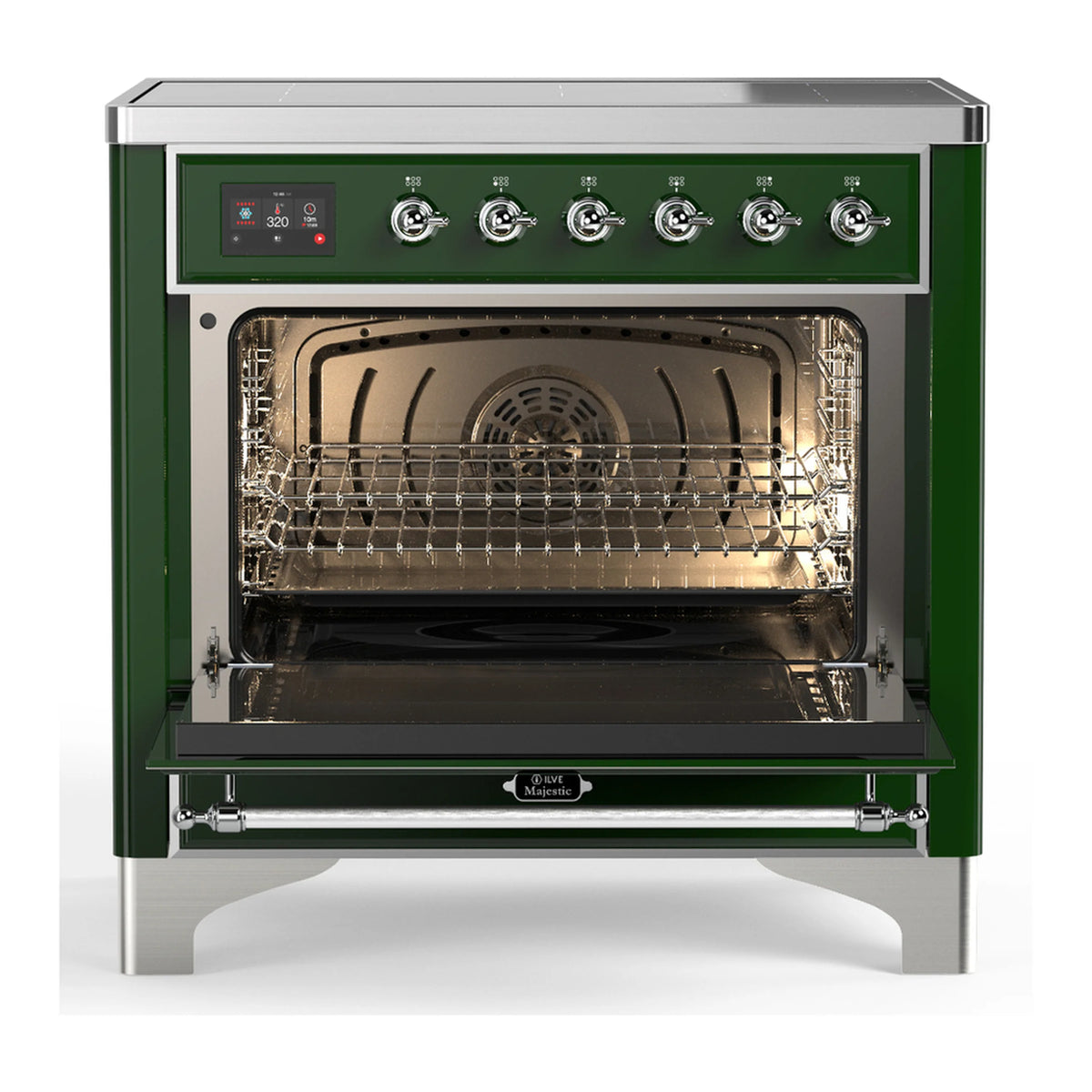 Emerald green range with open oven door revealing interior racks