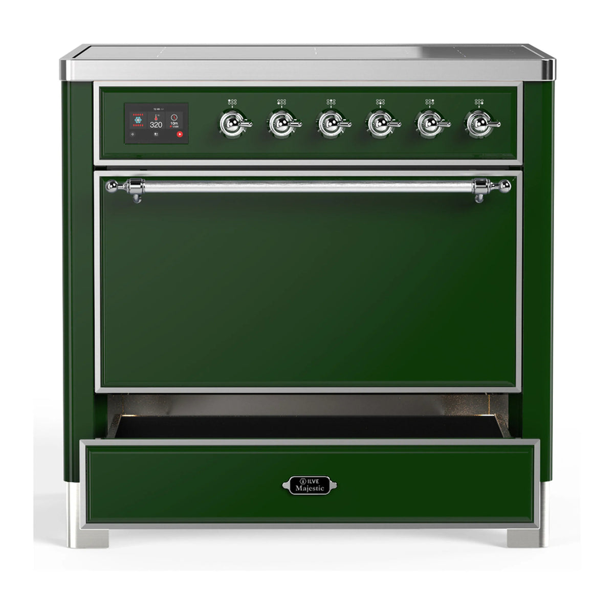 Emerald green electric range with chrome-trimmed solid oven door and control panel