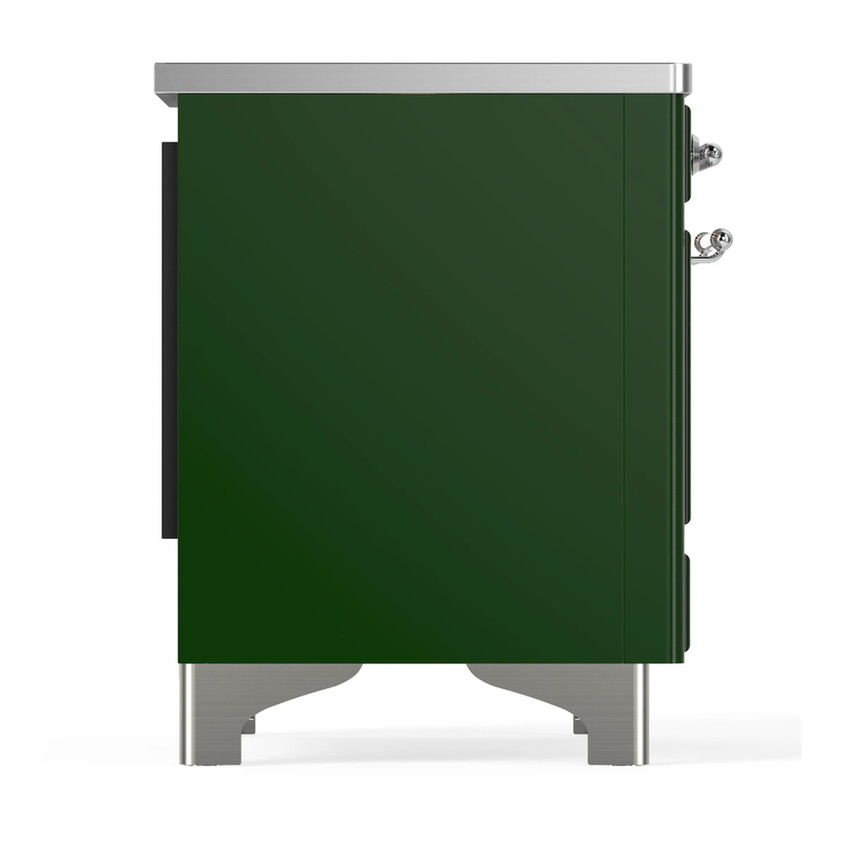 Emerald green oven compartment side panel with chrome trim and handle