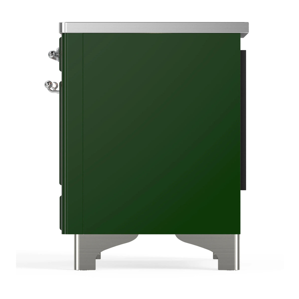 Emerald green range side view with chrome side controls and trim