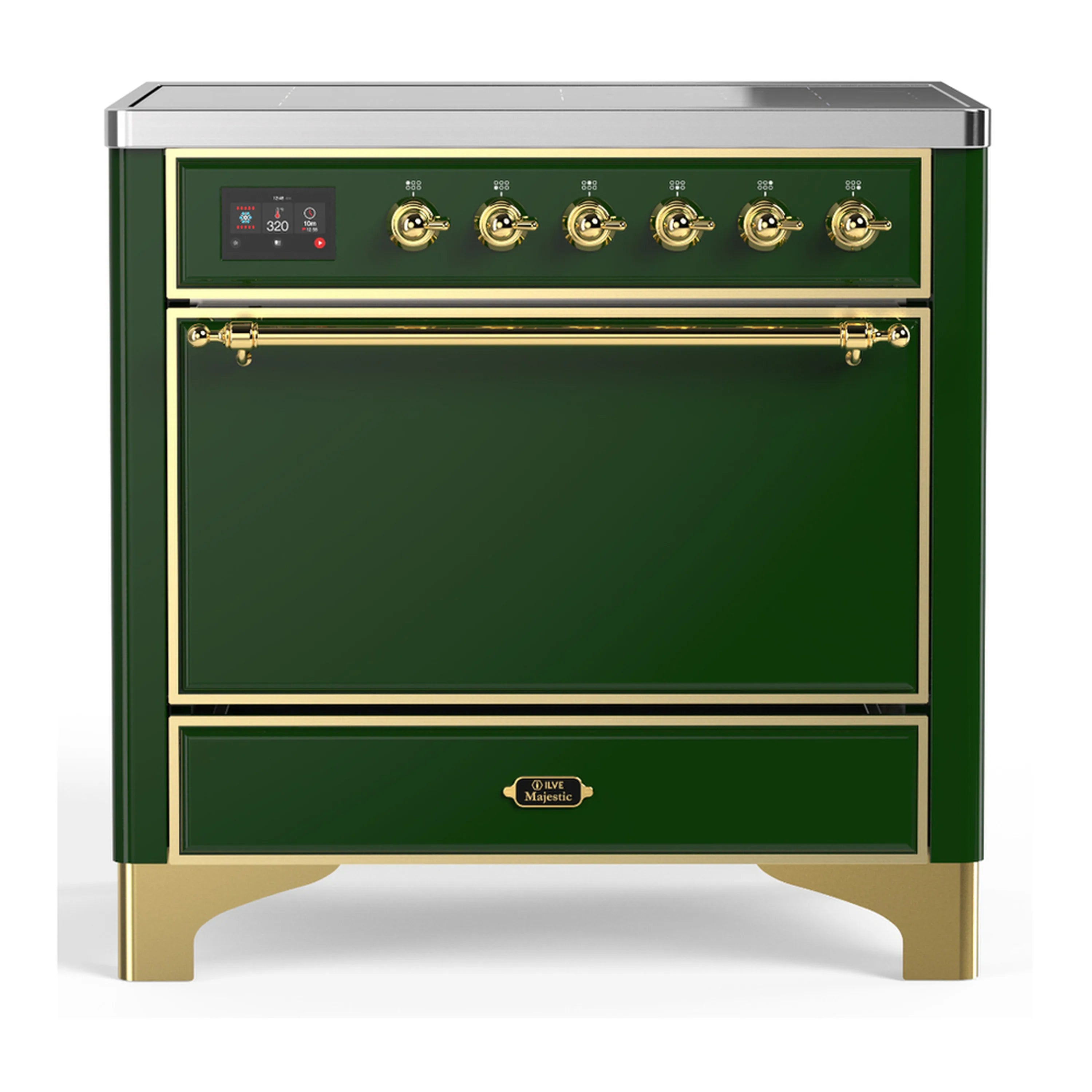 Emerald green induction range with brass trim, control panel, and solid oven door
