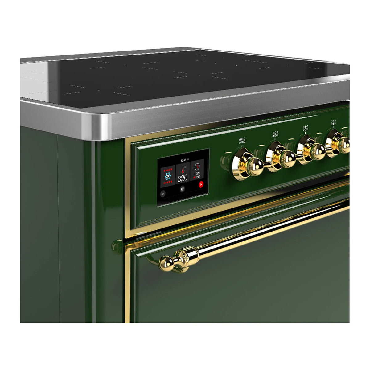 Emerald green induction range control panel with brass knobs and black cooktop