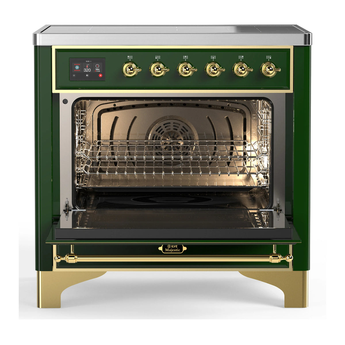 Emerald green induction range with oven door open, interior racks and heating elements