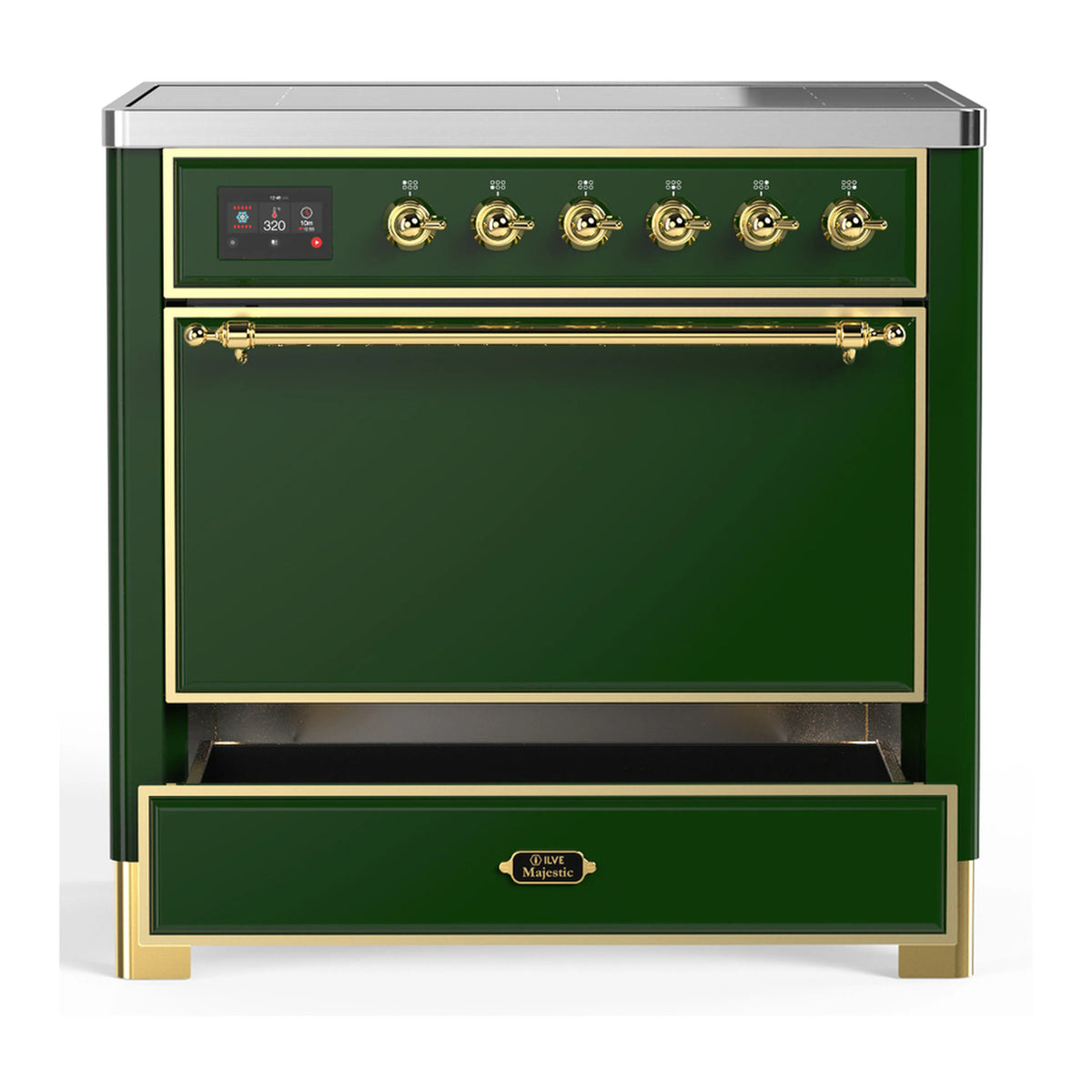Emerald green induction range with brass handle, control panel, and solid oven doors