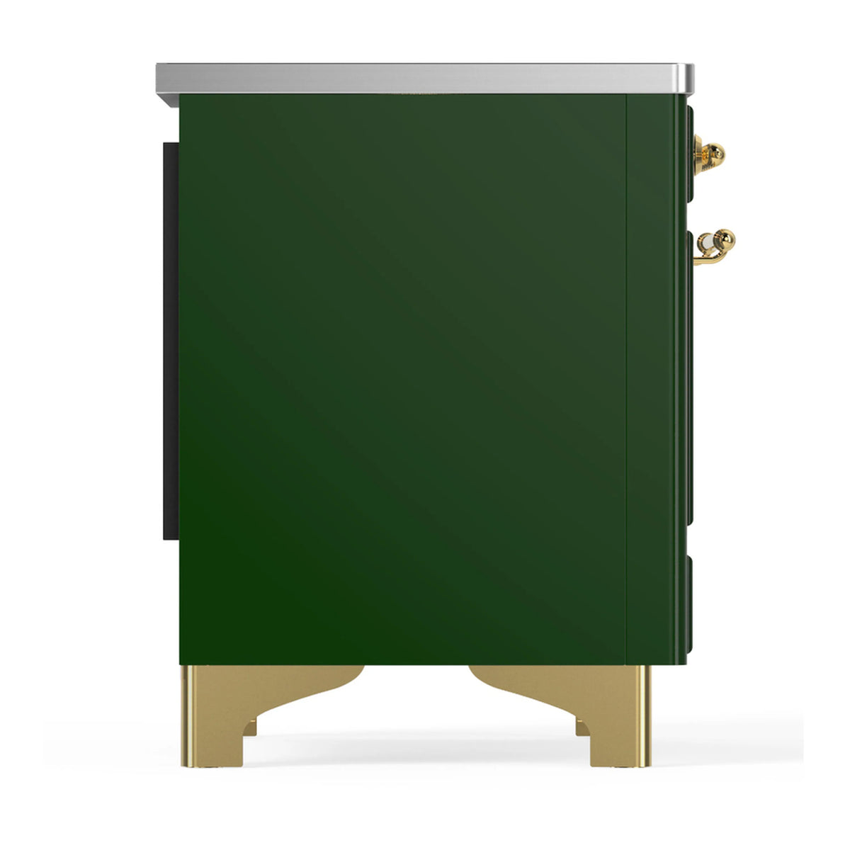 Emerald green induction range side panel with brass trim and matching hardware