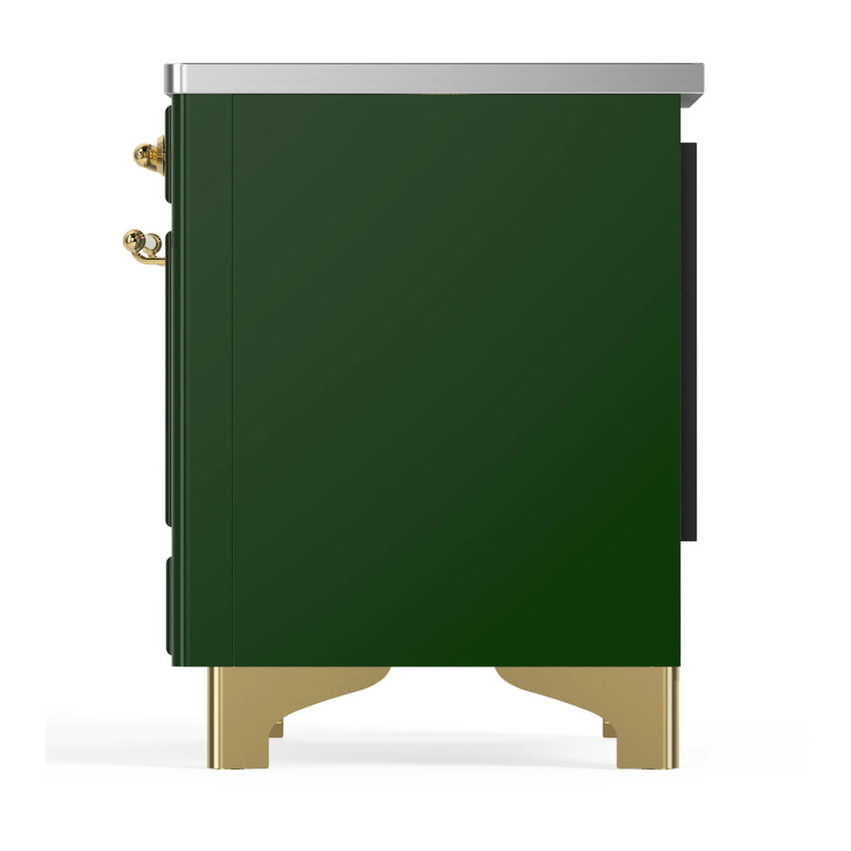 Emerald green induction range back side view with brass trim and vented panel