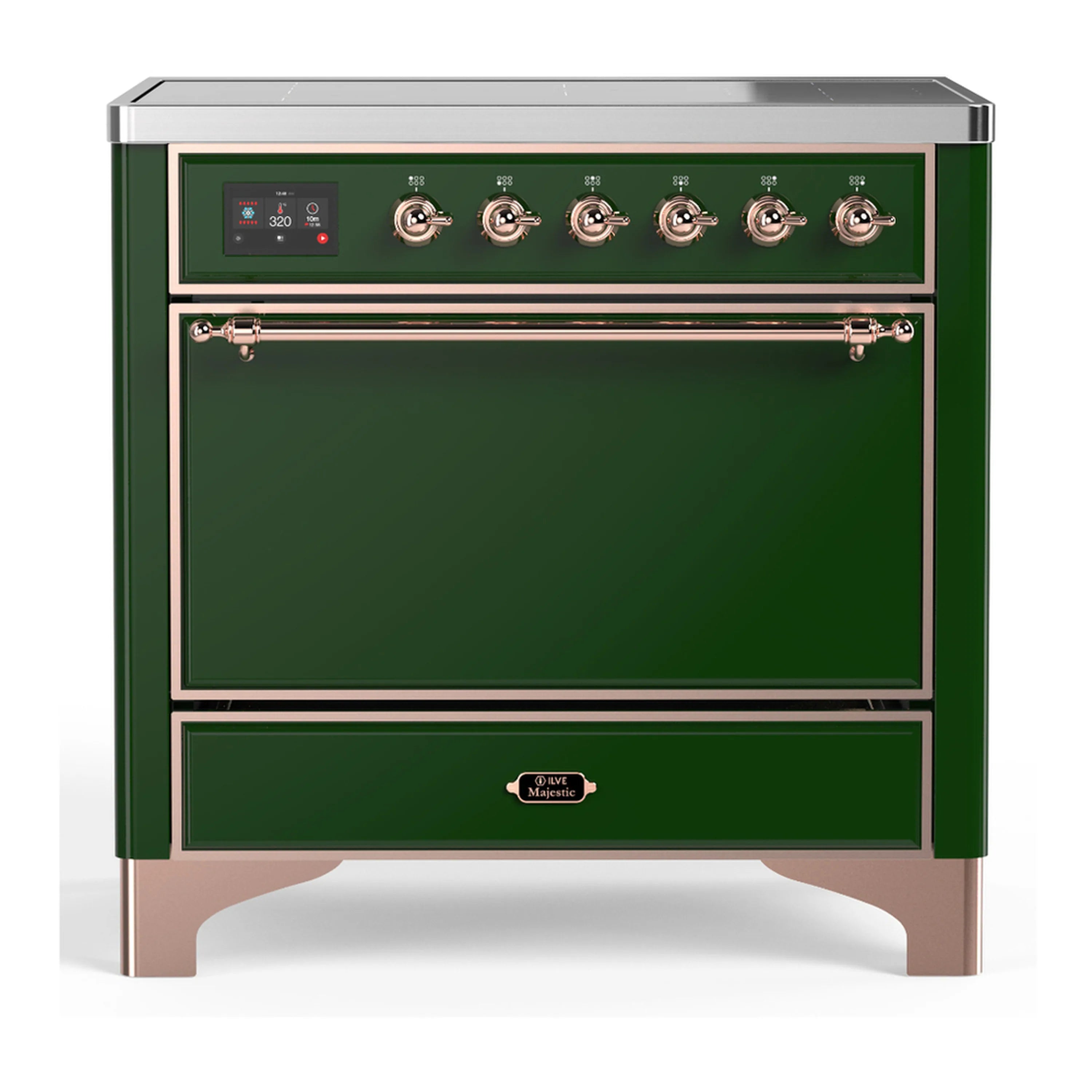 Emerald green induction range with six burners and solid oven door, copper trim
