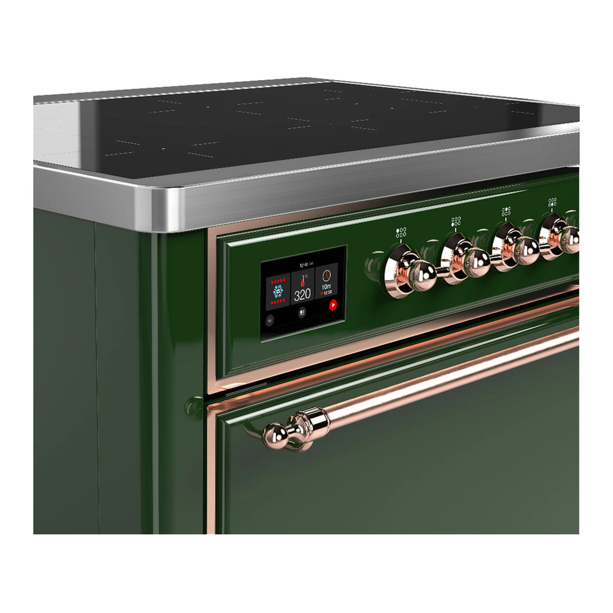 Emerald green induction range cooktop controls with copper knobs and digital display