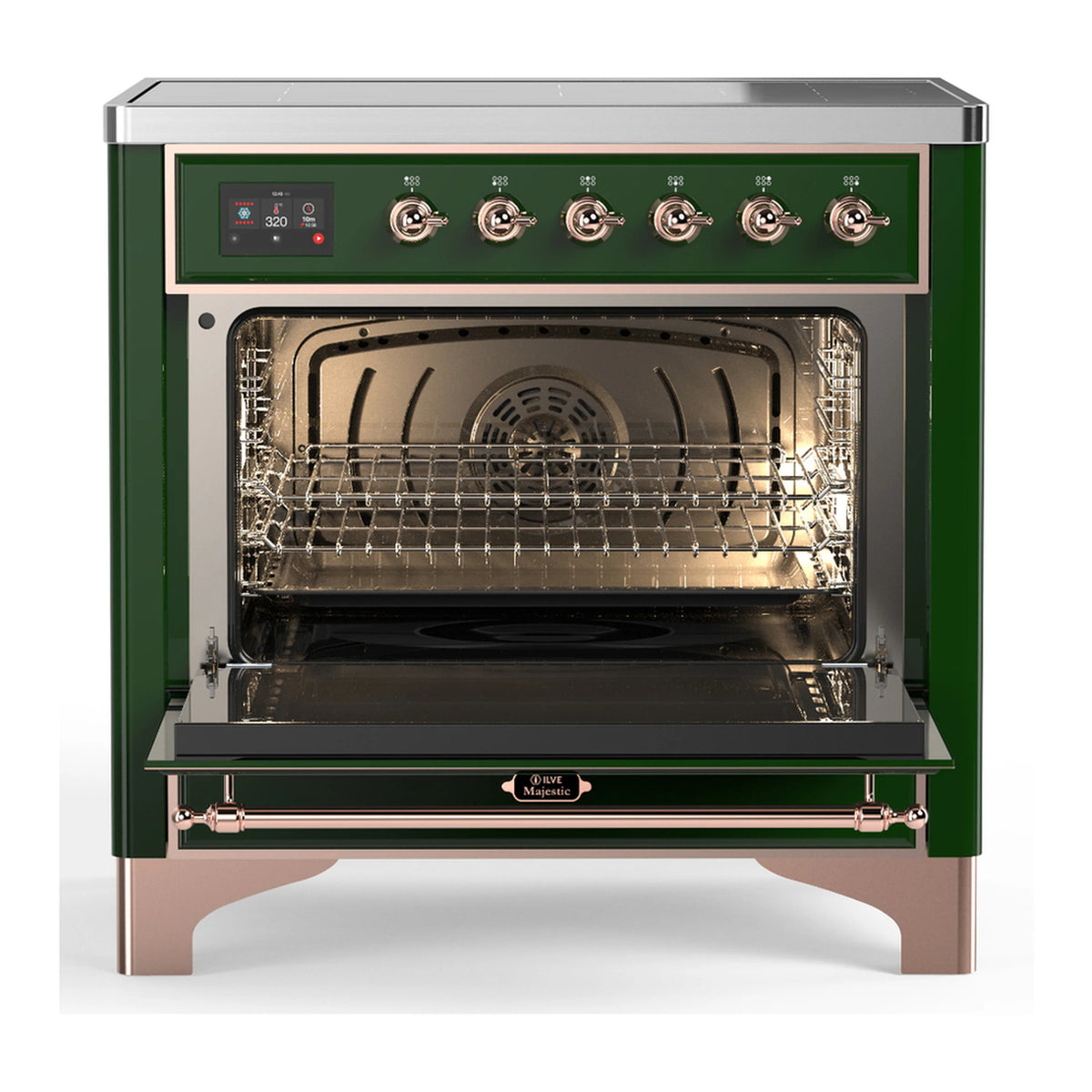 Emerald green induction range with open electric oven, wire rack inside