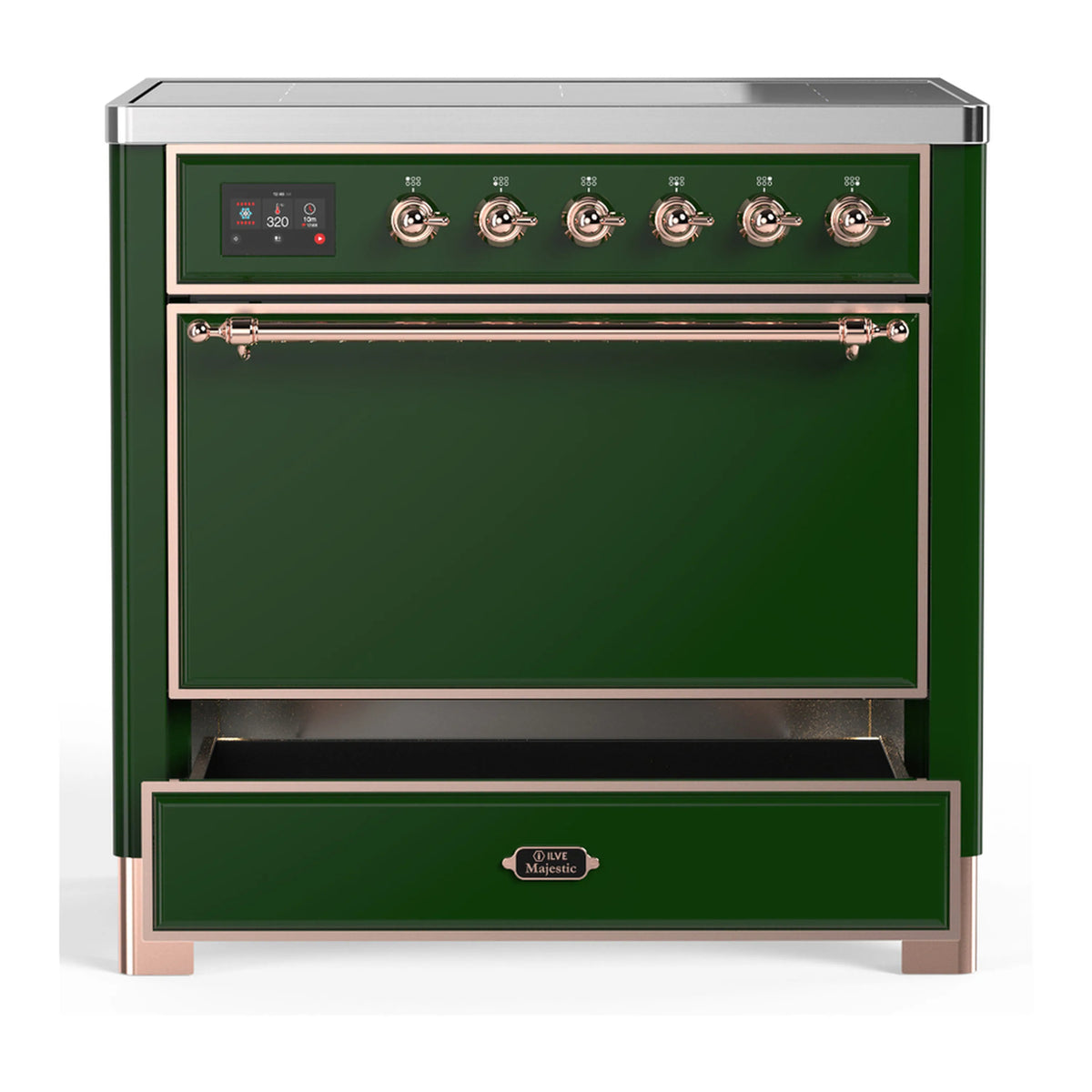 Emerald green induction range front with oven door and warming drawer, copper trim