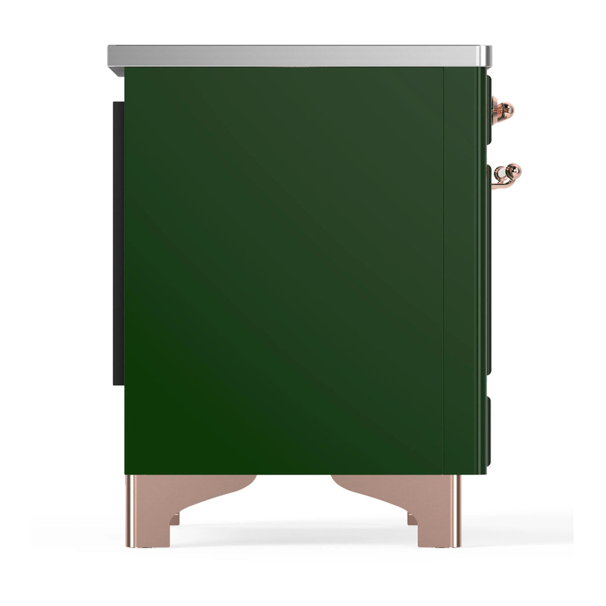 Emerald green induction range side panel with copper handle accents
