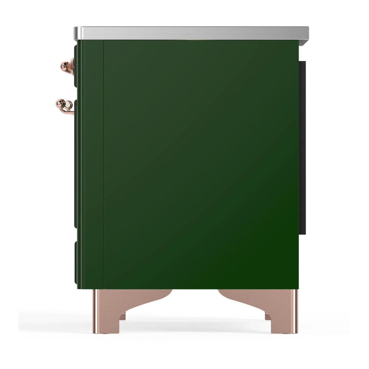 Emerald green induction range other side panel with copper knob accents