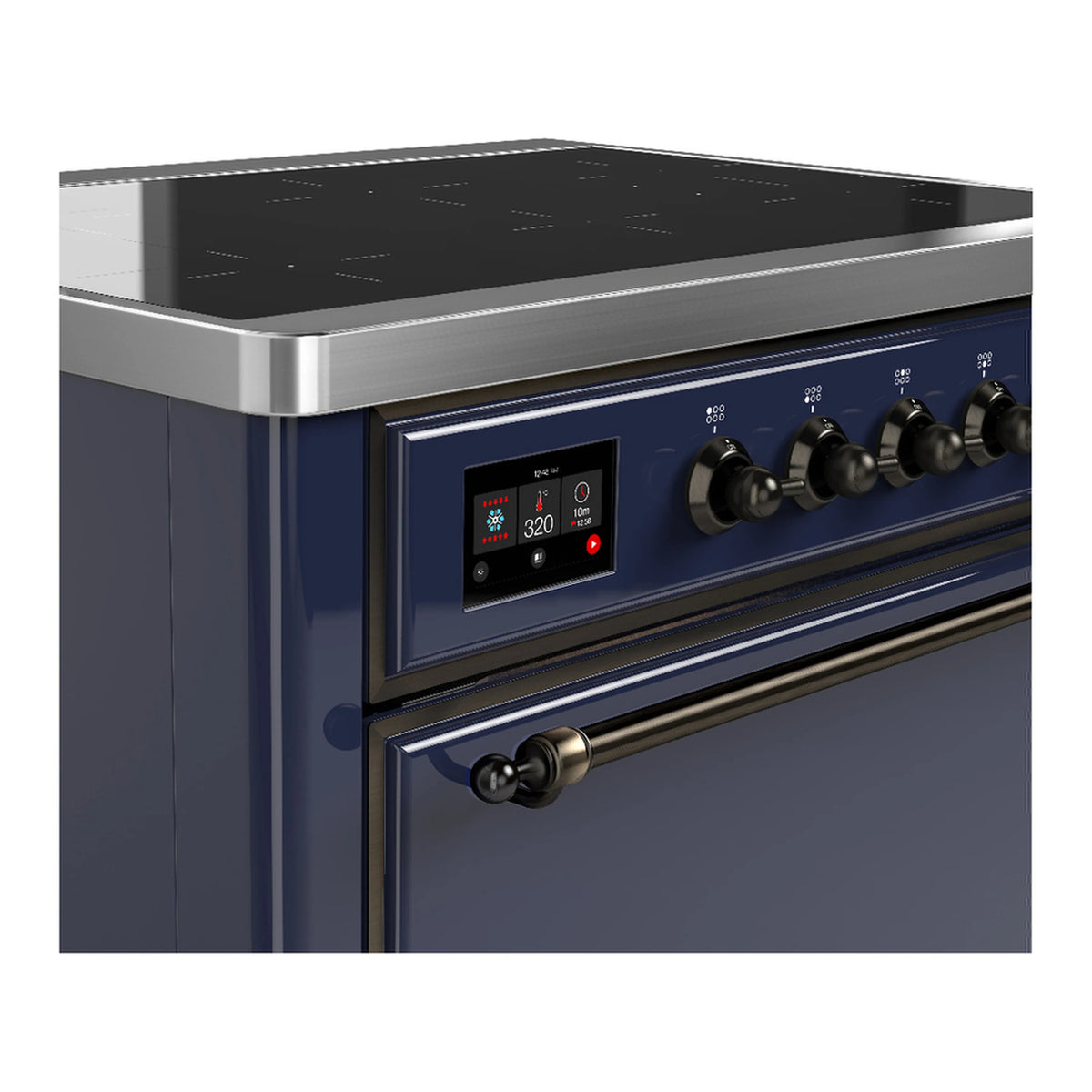 Midnight blue induction range control panel with digital display and six black knobs