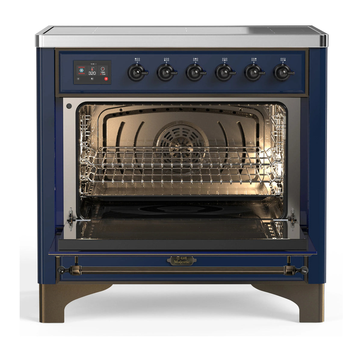 Midnight blue induction range with oven door open and wire racks inside