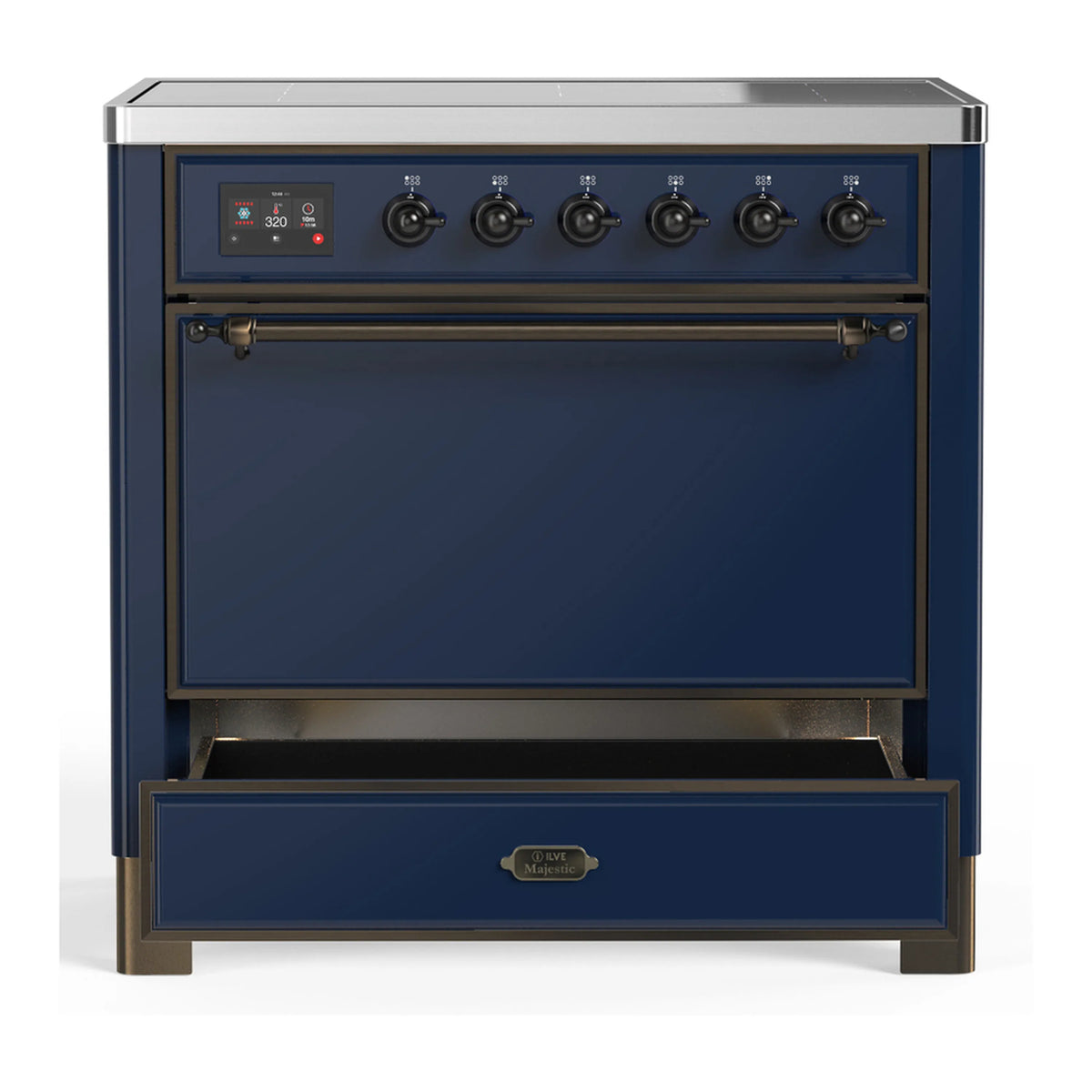 Midnight blue induction range front view with oven door and drawer, burnished accents