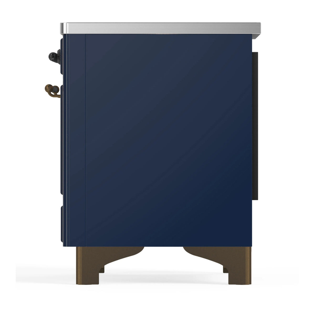 Midnight blue induction range side view with control knobs and burnished trim