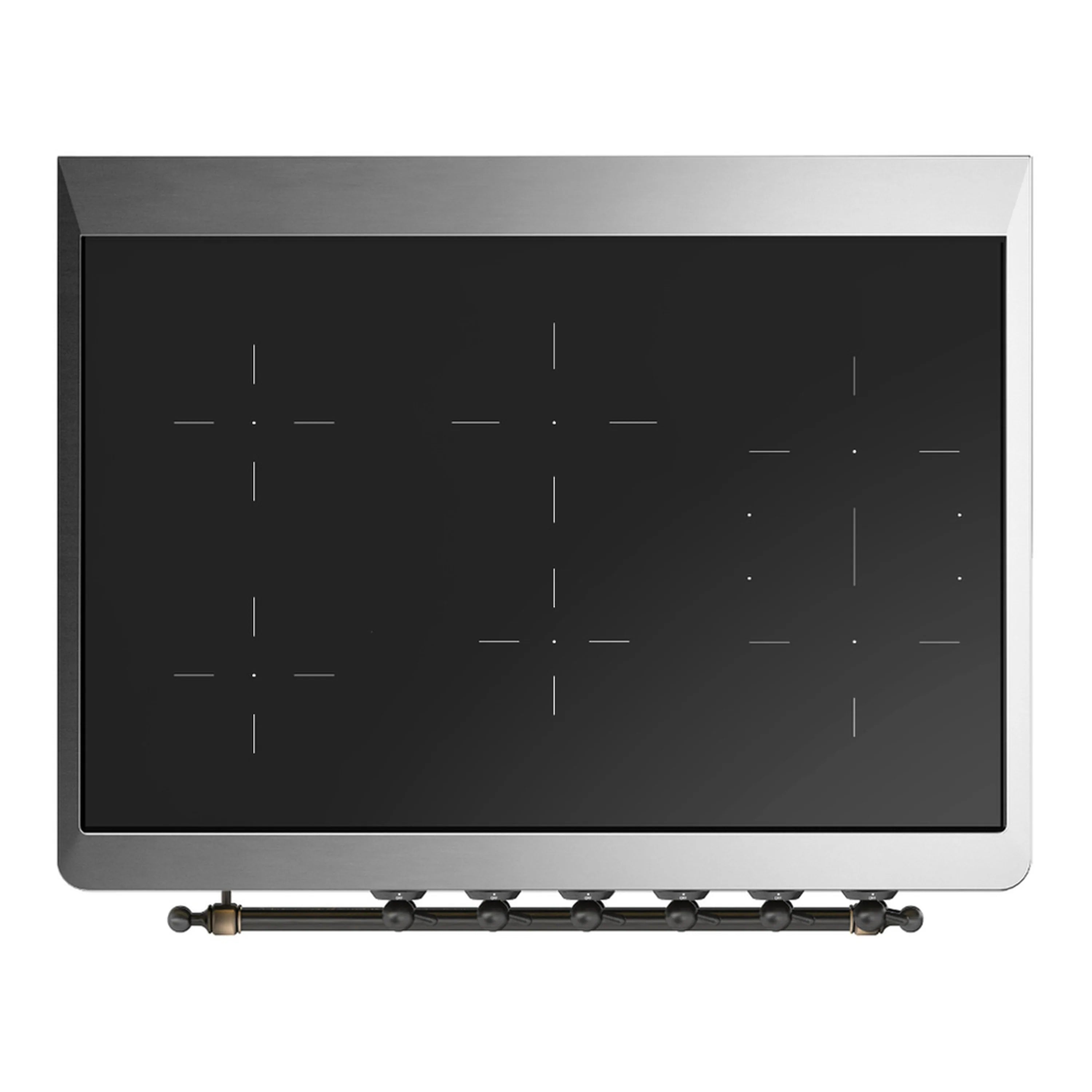 Black induction cooktop surface with burner lines and six control knobs below