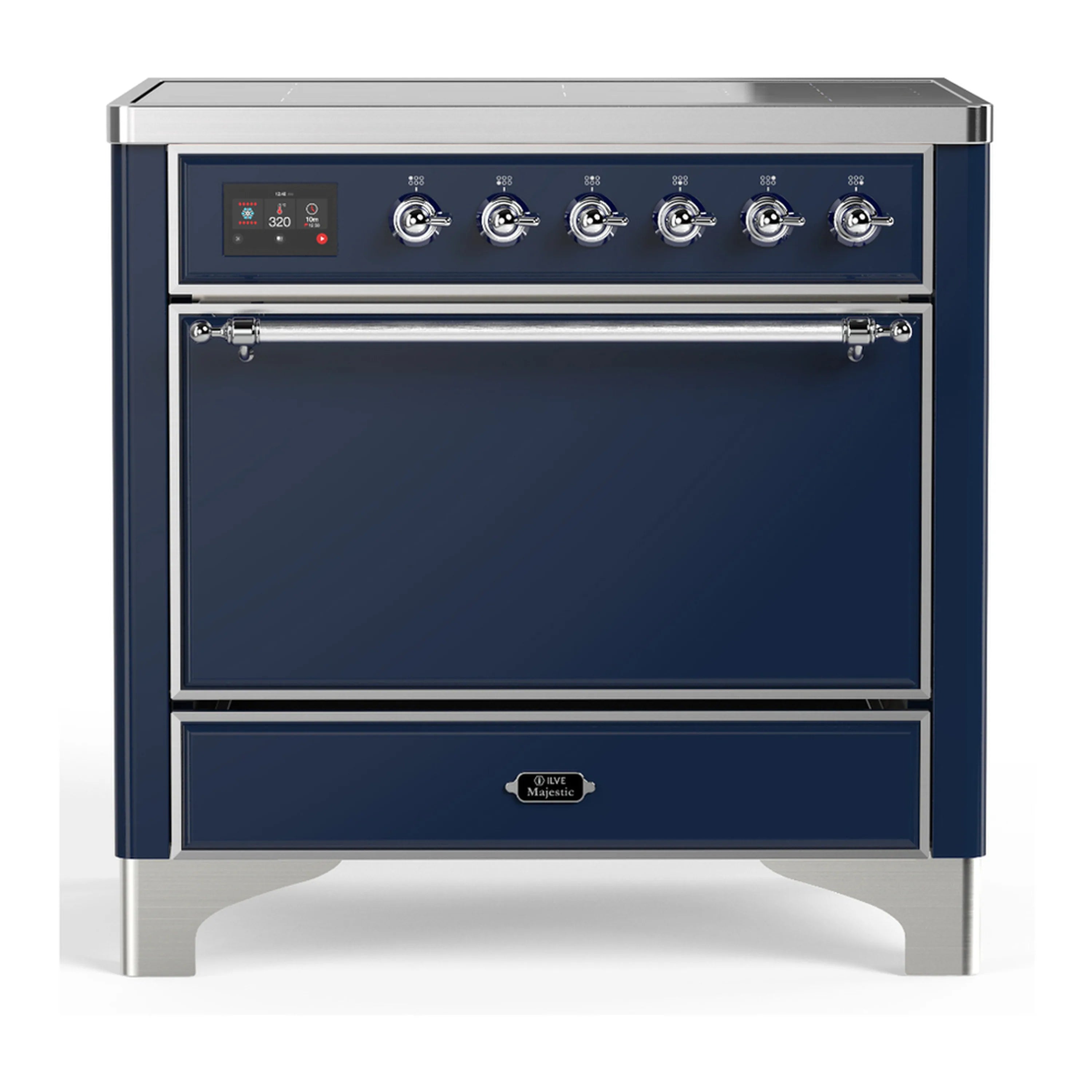 ILVE Majestic III induction range in midnight blue with chrome trim and 2 closed doors