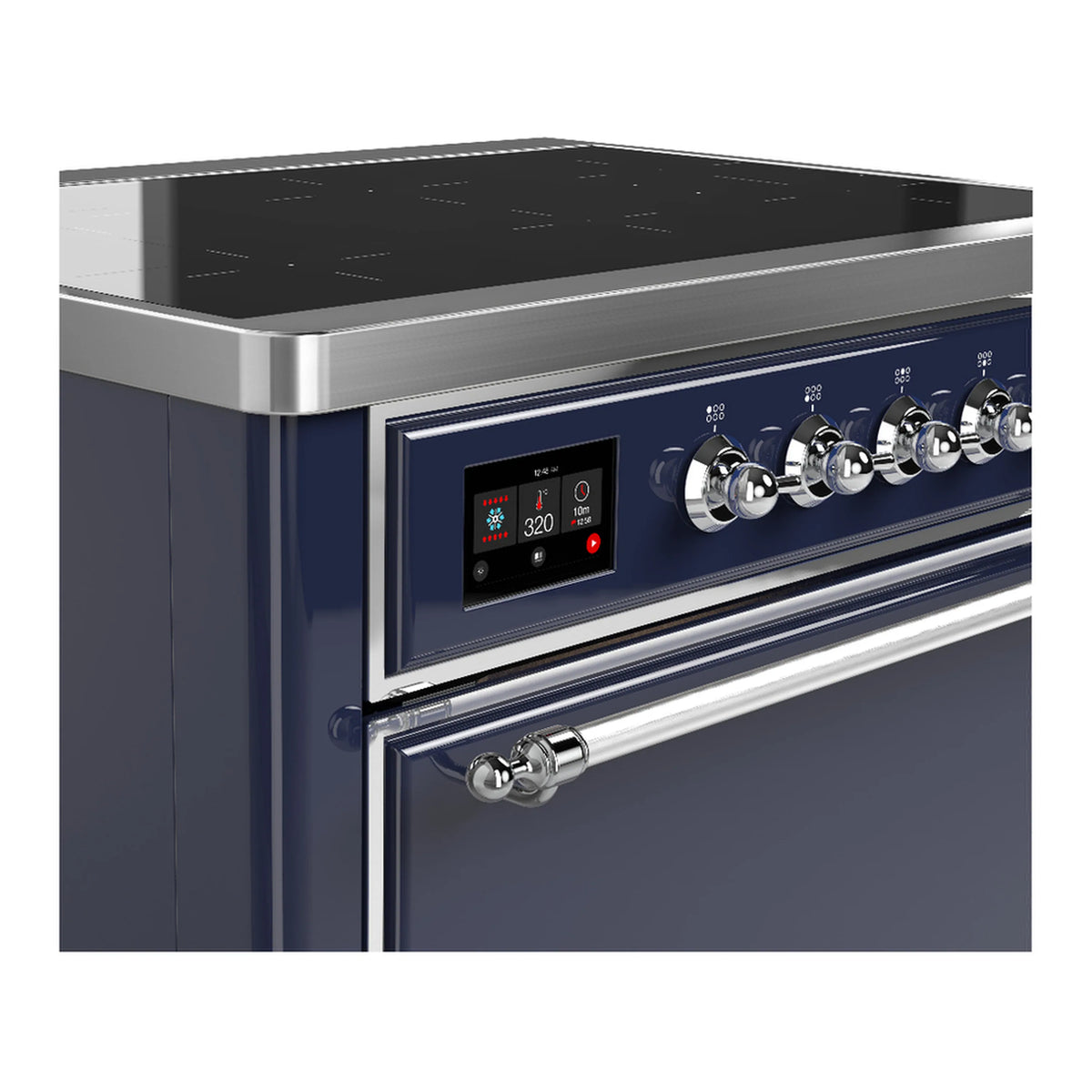 ILVE induction range control panel with digital display and chrome knob controls, midnight blue