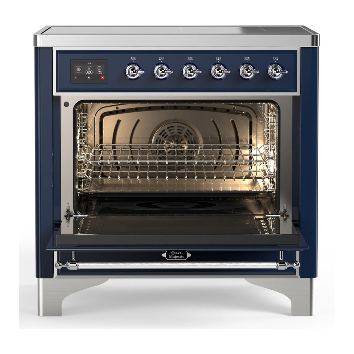 ILVE induction range with oven door open, showing wire racks and interior, midnight blue