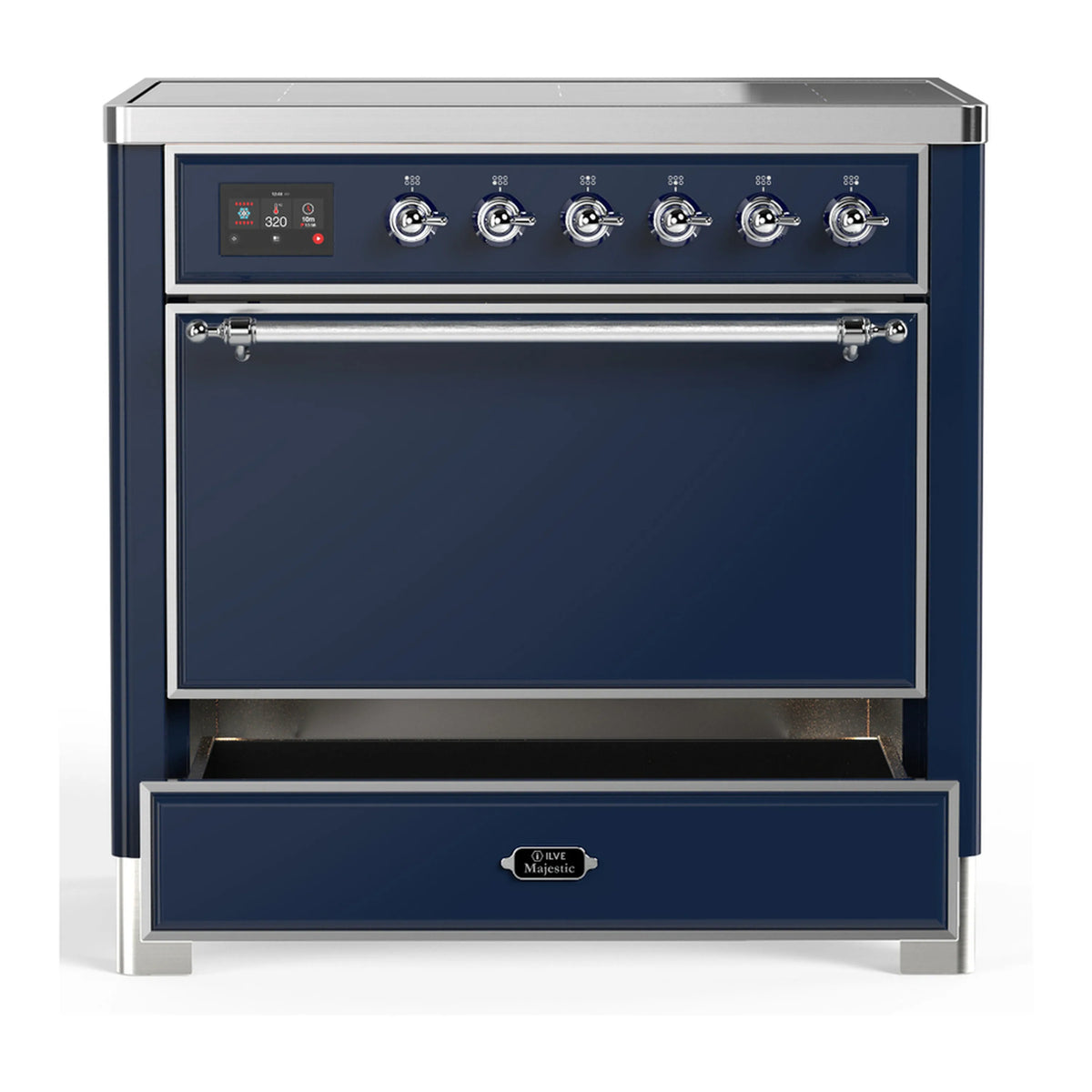 ILVE induction range with oven door closed and lower drawer open, midnight blue and chrome