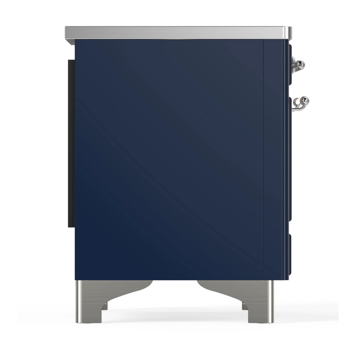ILVE induction range side panel in midnight blue with chrome handle and trim