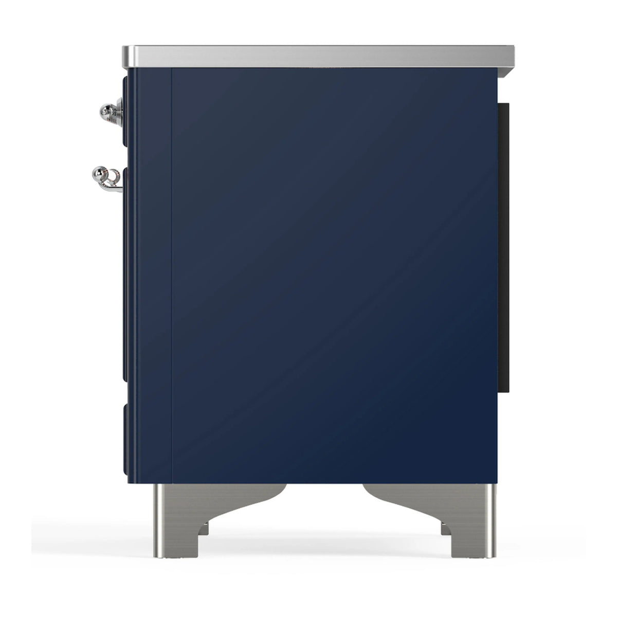 ILVE induction range opposite side panel in midnight blue with chrome handle and trim