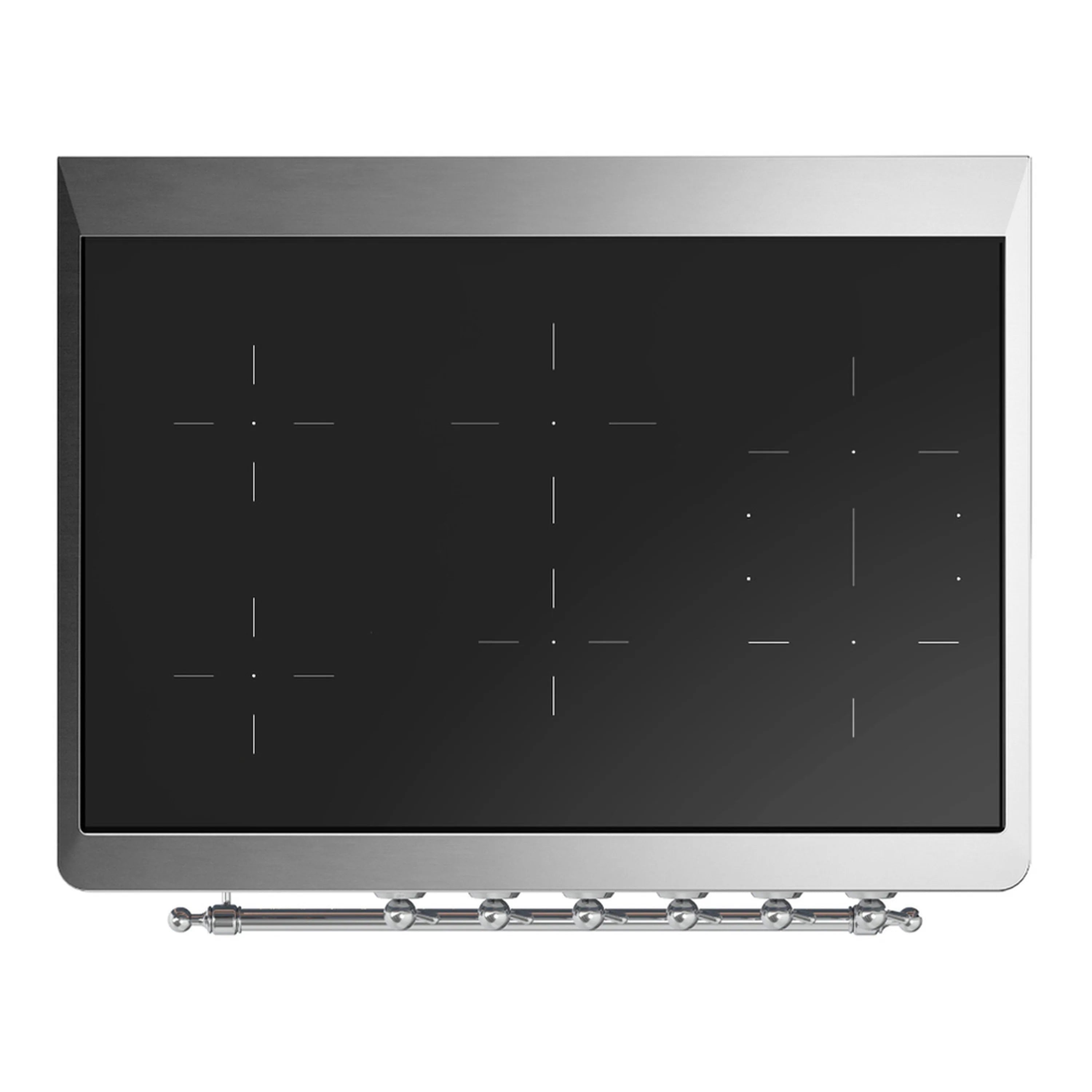 ILVE induction range oven door glass panel with dotted pattern and chrome handle, midnight blue