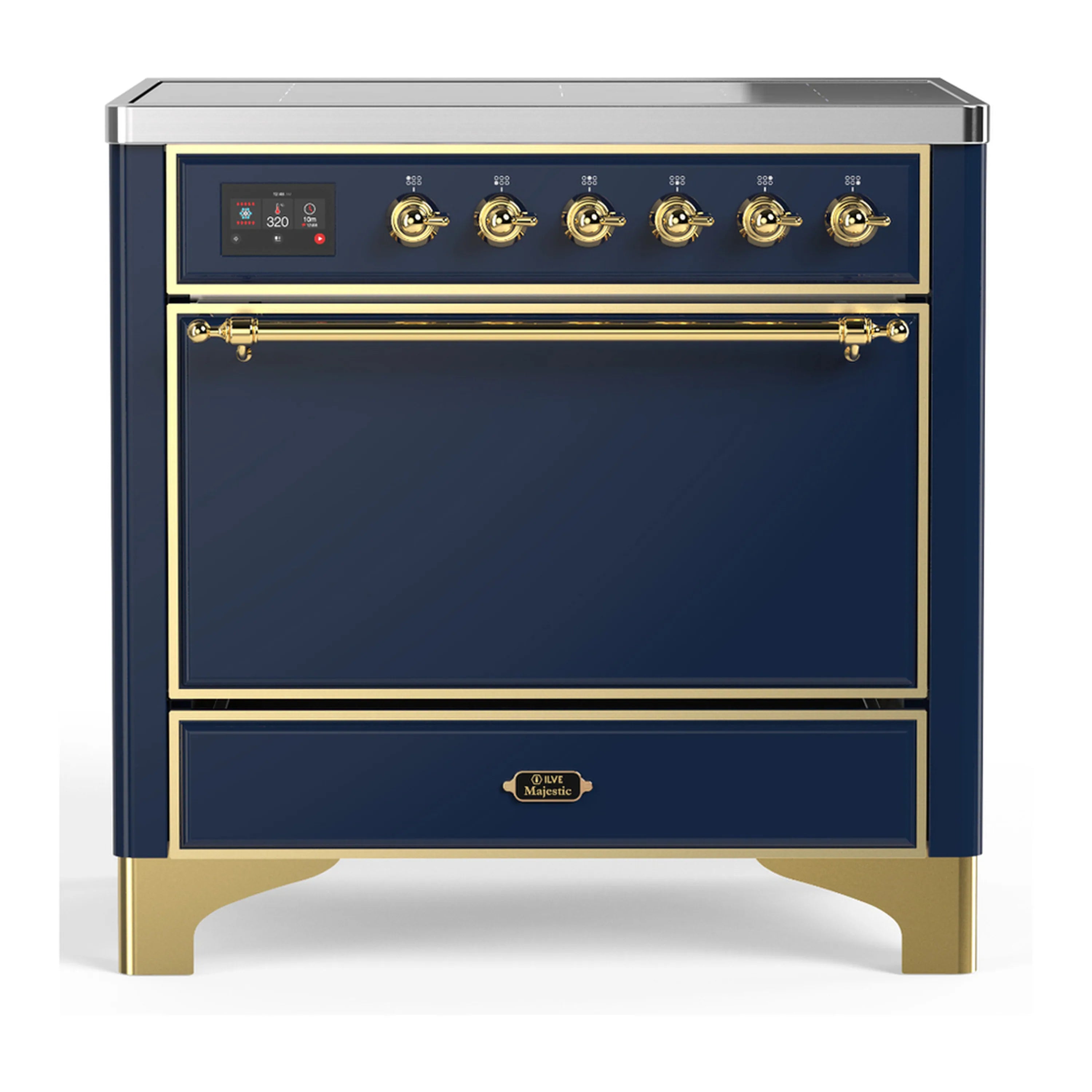 ILVE Majestic III 36-inch induction range with blue body, brass trim, and oven door